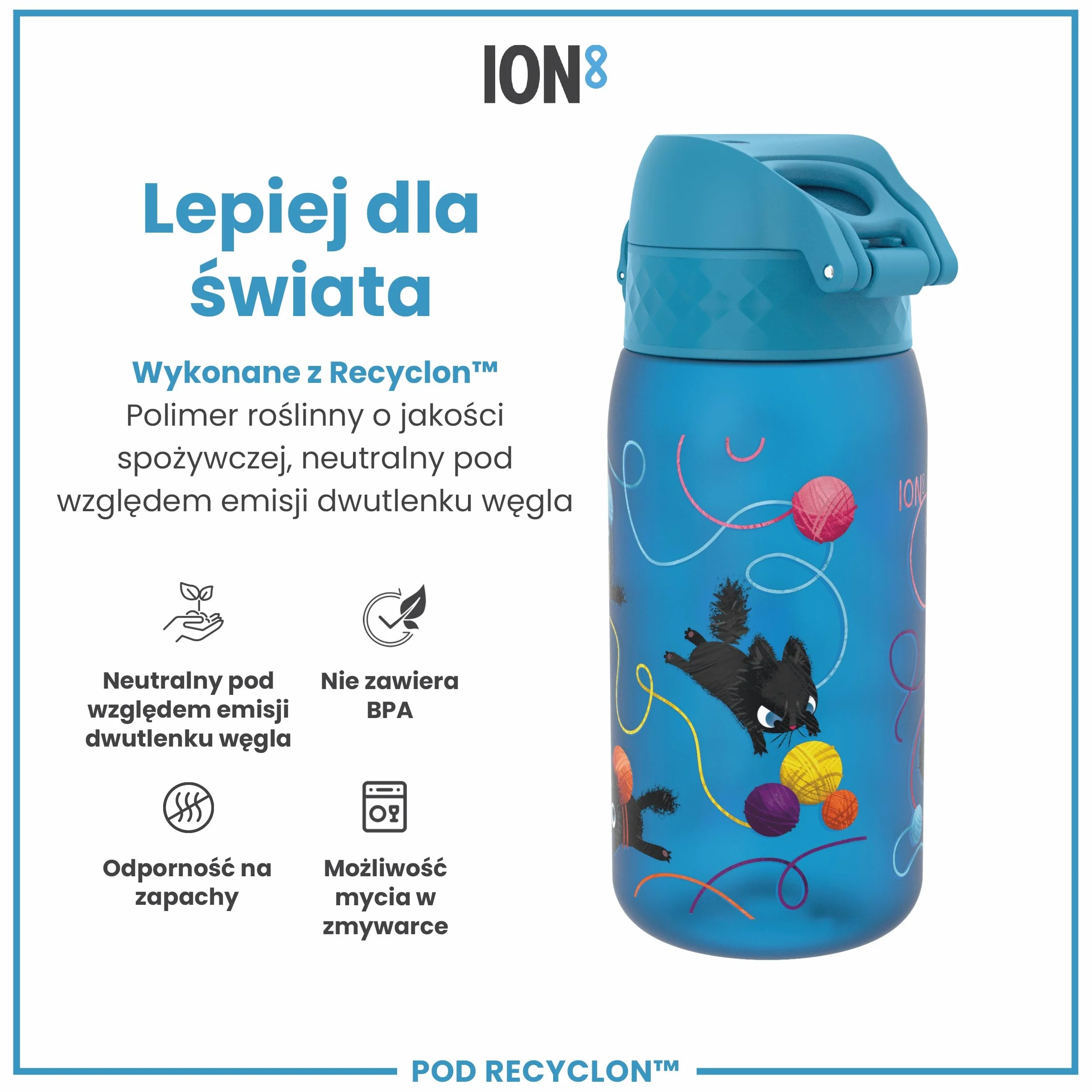 ION8 Butelka dla Dzieci, 350 ml/12 oz, Szczelna, Łatwa do Otwarcia, Bezpieczny Zamek, Można Myć w Zmywarce, Bez BPA, Uchwyt do Przenoszenia, Łatwa do Czyszczenia, Bezwonny, Koty