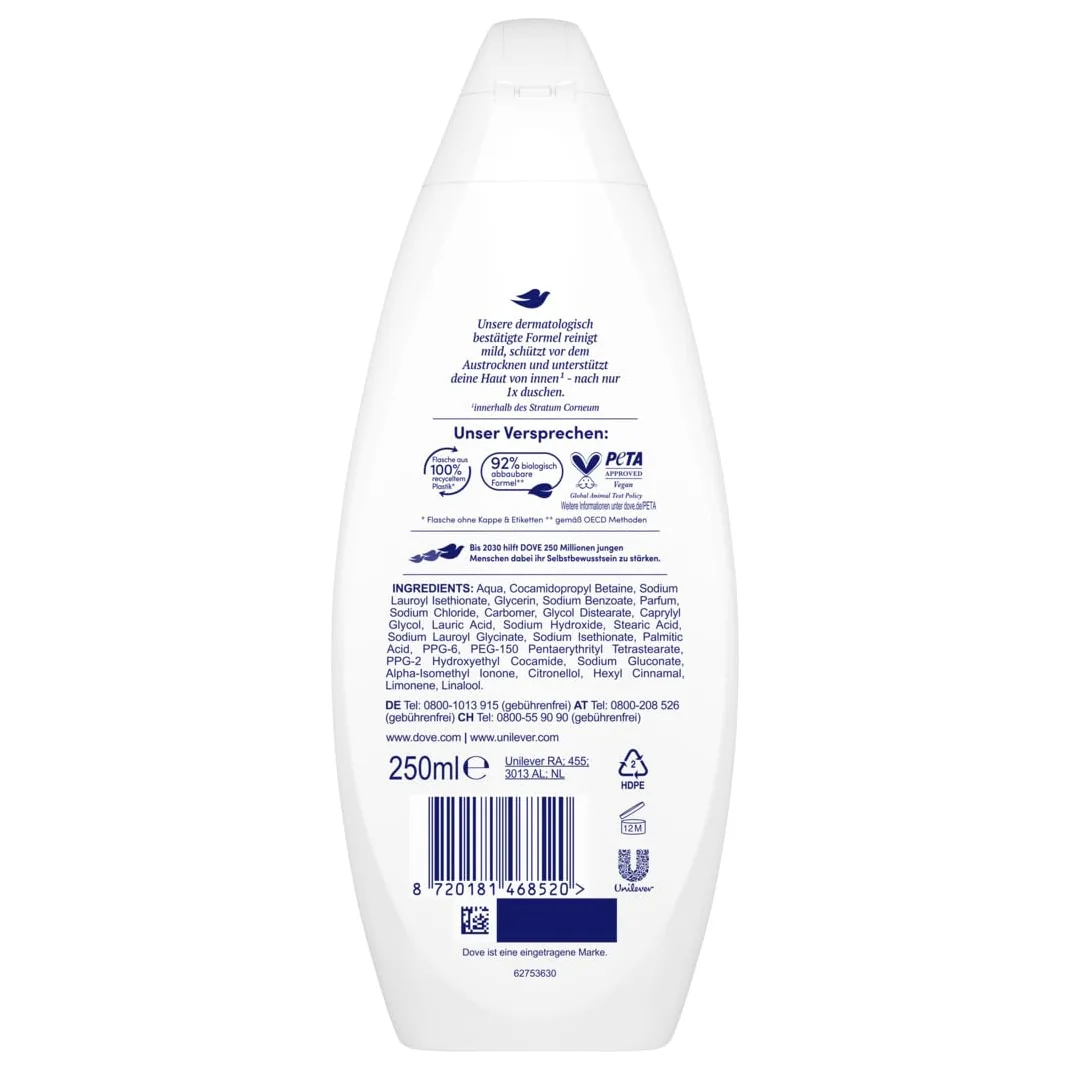 Dove żel pod prysznic, aksamitny, miękki, pielęgnujący żel pod prysznic z dermatologicznie potwierdzoną formułą dla bardziej miękkiej i gładkiej skóry, 250 ml