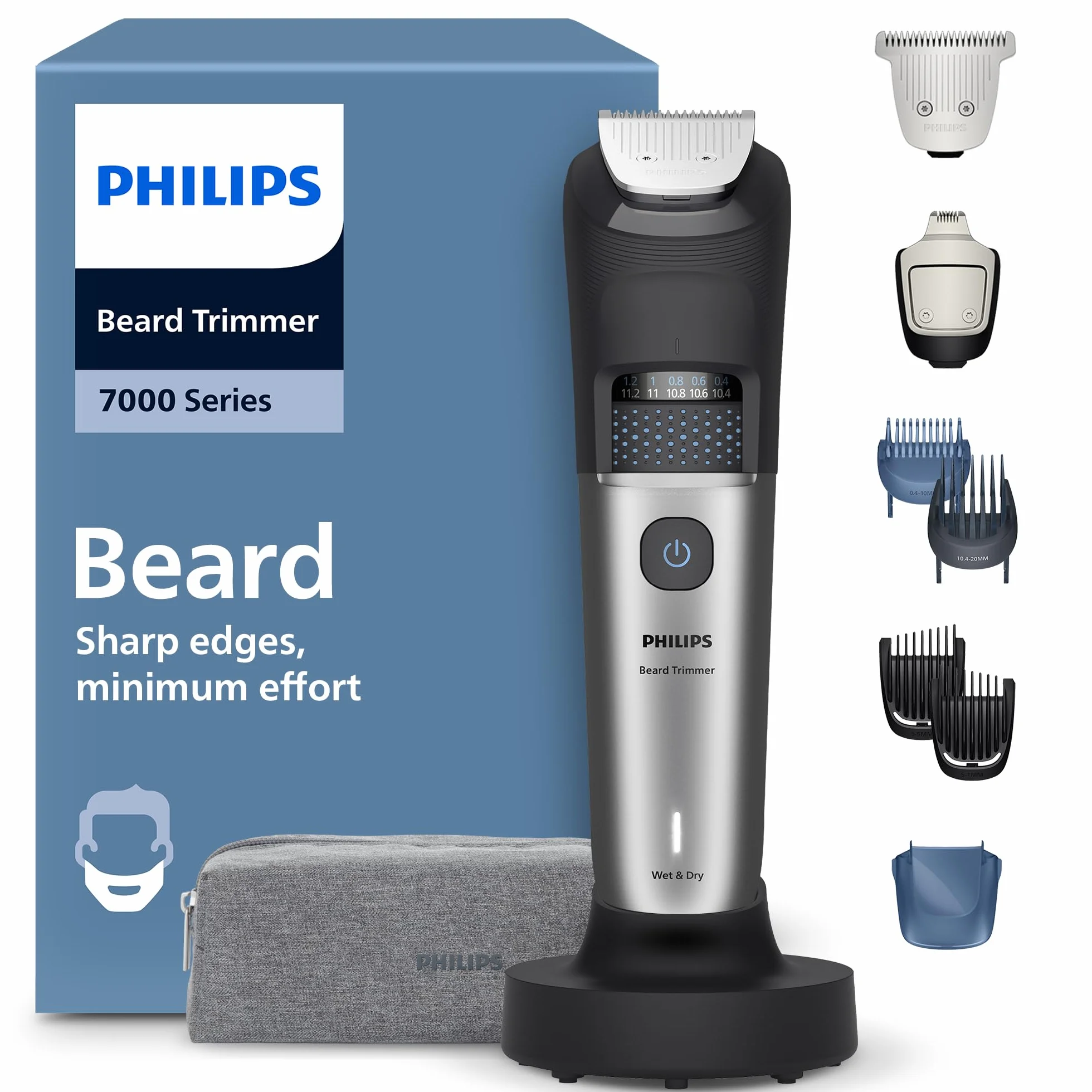 Trymer do brody Philips z serii 7000 – samoostrzące się metalowe ostrza, 40 ustawień, technologia BeardSense, zbiornik na włosy, 100% wodoodporności, szeroki trymer, model BT7670/15