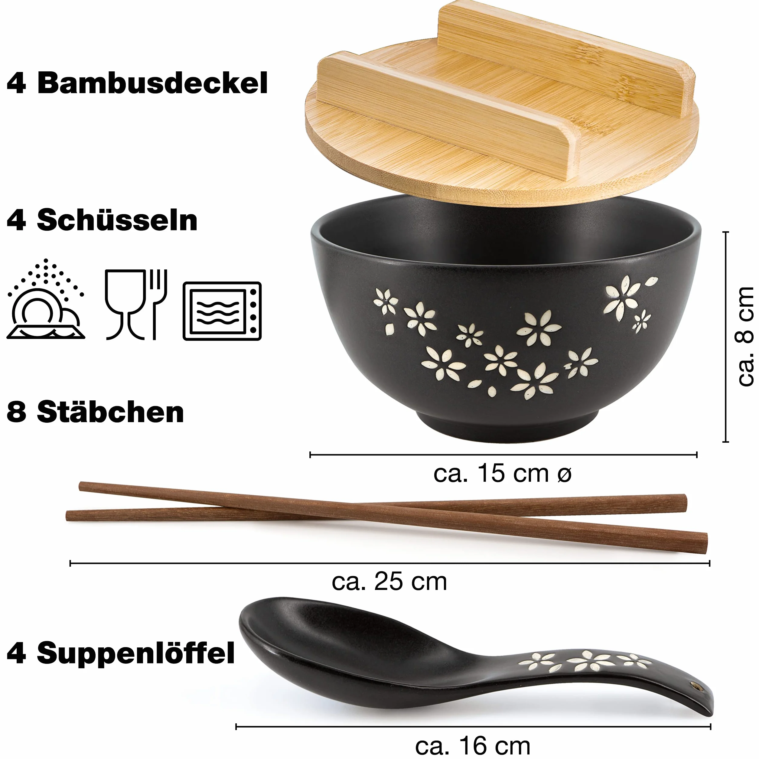 Moritz & Moritz Zestaw 4 ceramicznych misek ramenowych, 600 ml, Ø 15 cm, czarna, dla 4 osób, miska na zupę, Pho i Sushi Bowl, z pałeczkami, pokrywką i łyżką