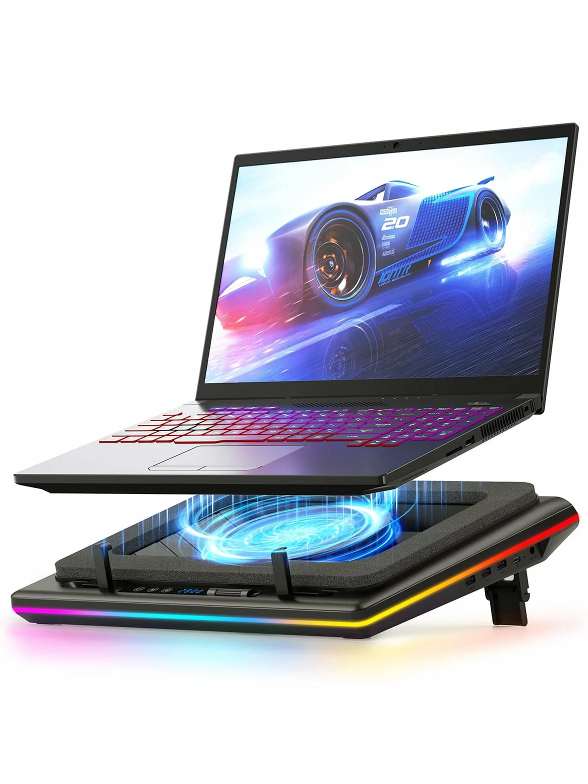 Llano Podkładka chłodząca RGB do laptopa z bezstopniowym sterowaniem dotykowym i podkładką pod myszkę 3-portowym USB bardzo dużym wydajnym wentylatorem turbo, pianką uszczelniającą do laptopów 15-19''