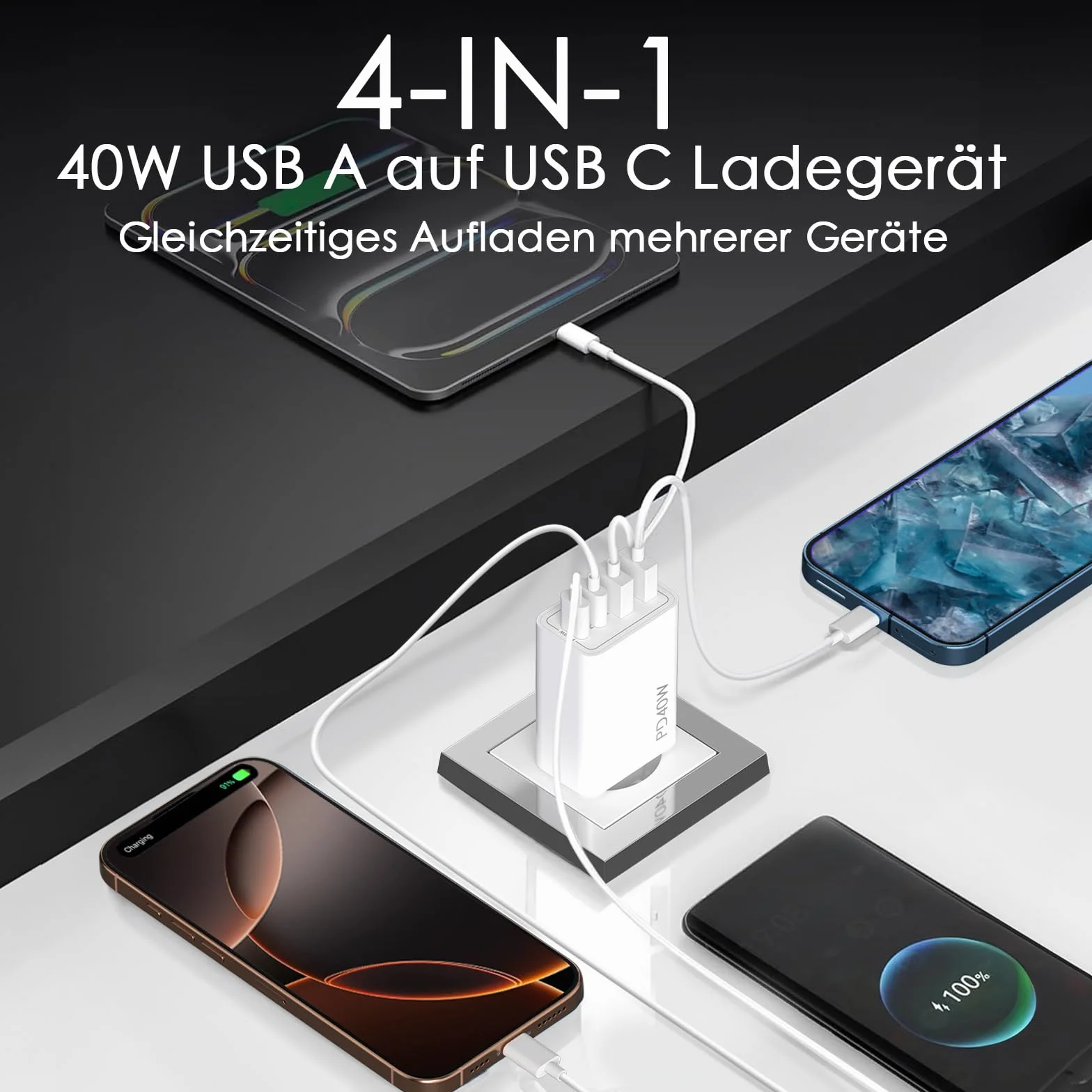 Ładowarka USB C, 40W 4 porty wieloportowa szybka ładowarka, PD 3.0 Power Adapter Fast Charger, wtyczka USB, zasilacz do iPhone 17, 16, 15, 14, 13, 12, 11 Pro Max SE 2020, XS XR 8, 7, iPad, telefony
