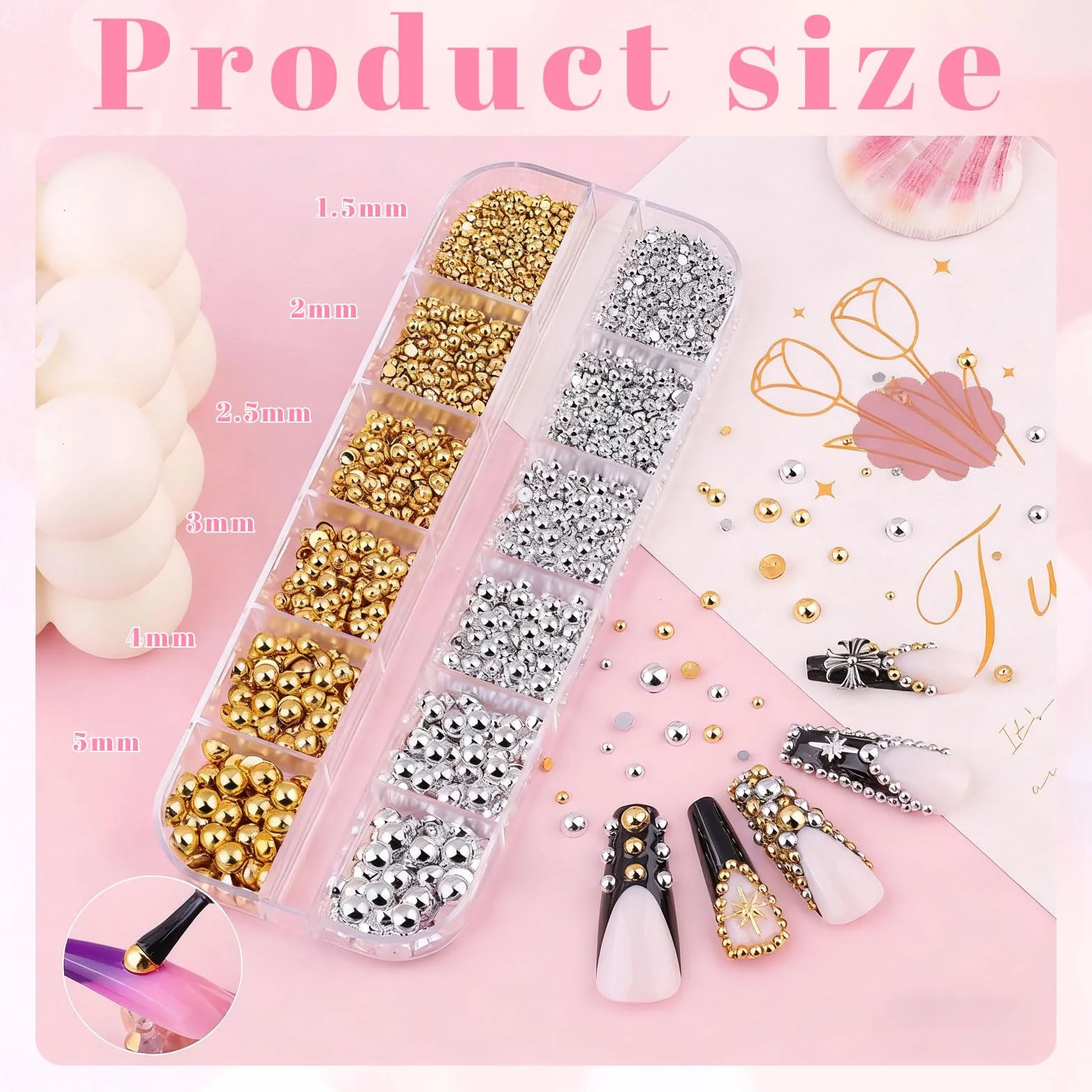 VelvetGlow Flatback koraliki i metalowe koraliki do paznokci, do zdobienia paznokci, małe okrągłe koraliki kawiorowe, akcesoria do paznokci akrylowych, dekoracji manicure (srebrne, złote)