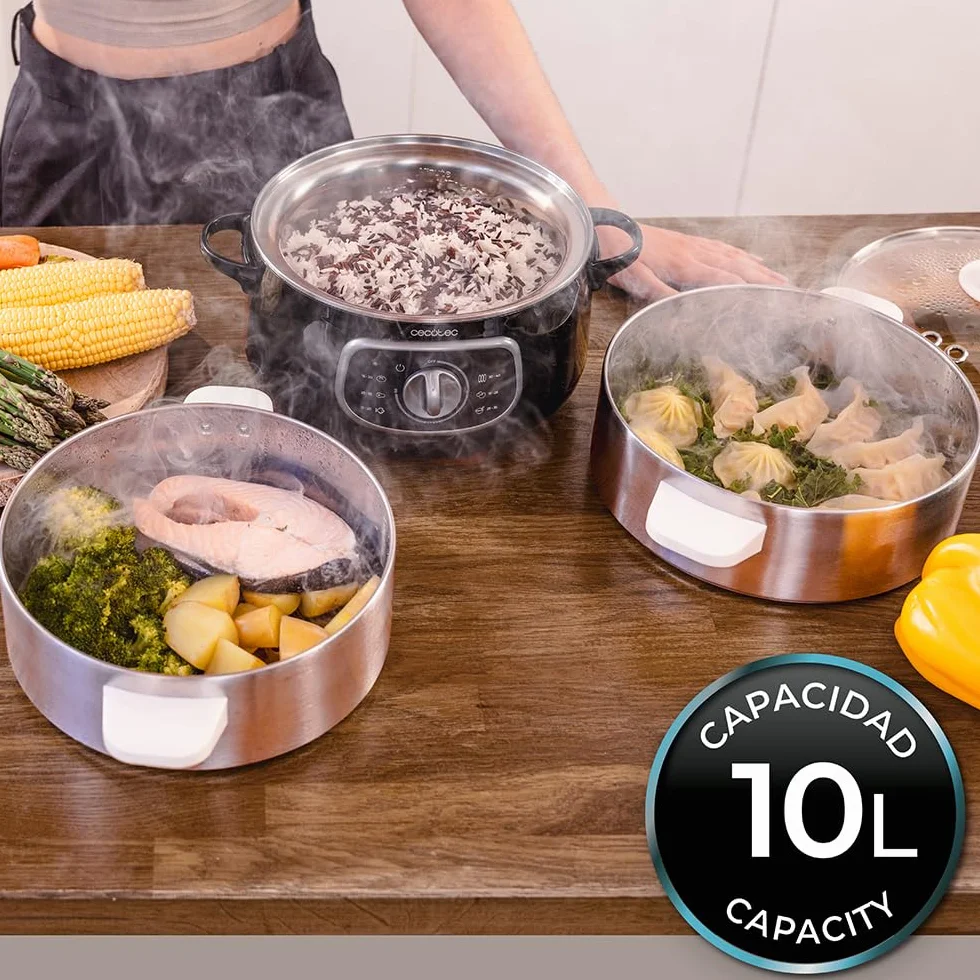 Cecotec Vapovita Steelpot Elektryczna parownica, moc 1300 W, pojemniki ze stali nierdzewnej, pojemność 10 l, regulowany czas, automatyczne wyłączanie, łatwe czyszczenie, specjalna pokrywa, zdrowa