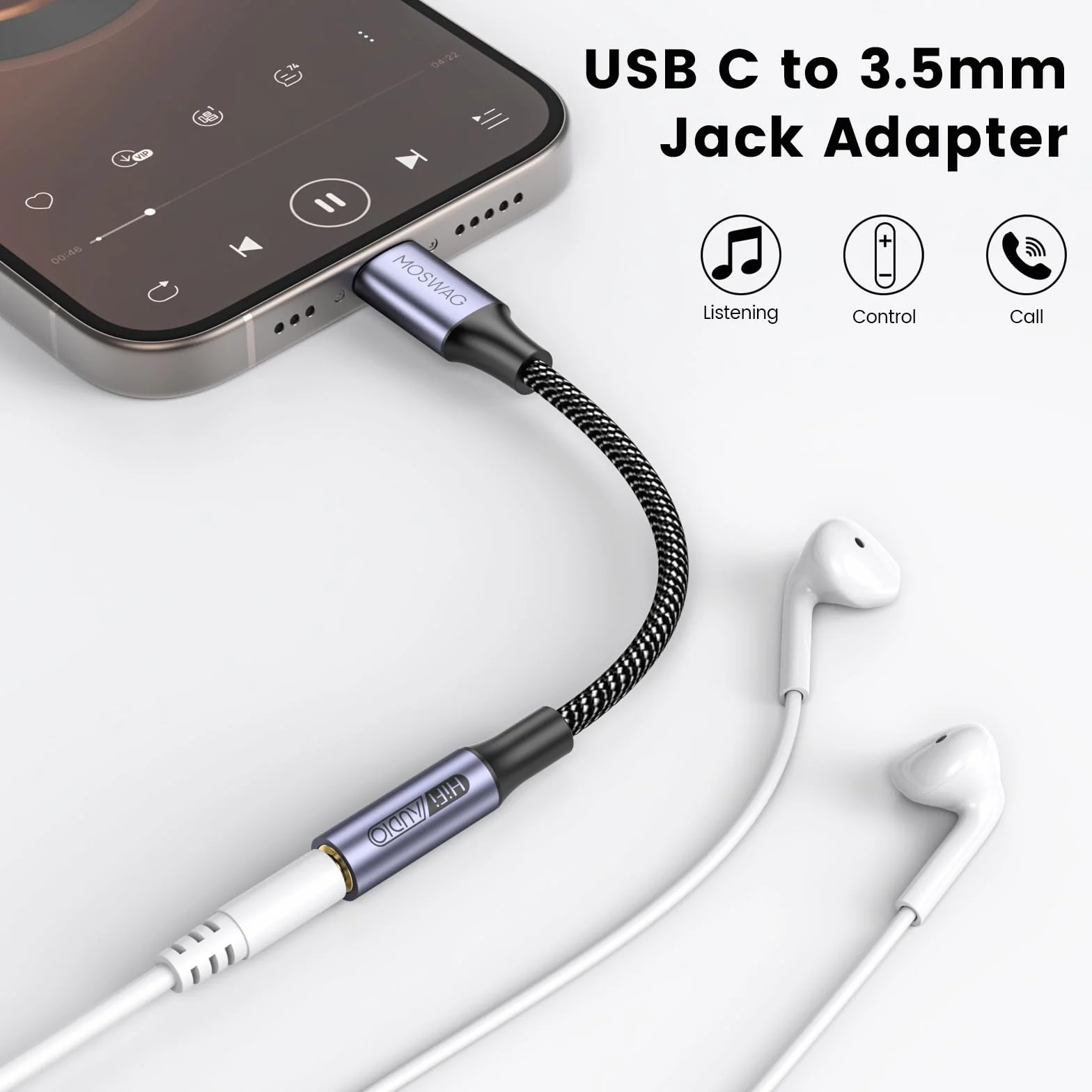 MOSWAG Adapter gniazda słuchawkowego USB typu C na 3,5 mm, adapter audio USB C do Aux Dongle kabel do iPhone'a 15 Plus/15 Pro Max, Samsung Galaxy S23, S22, Ultra, S20+, Note 20, 10, Pixel 7, 6, 5, 4 i