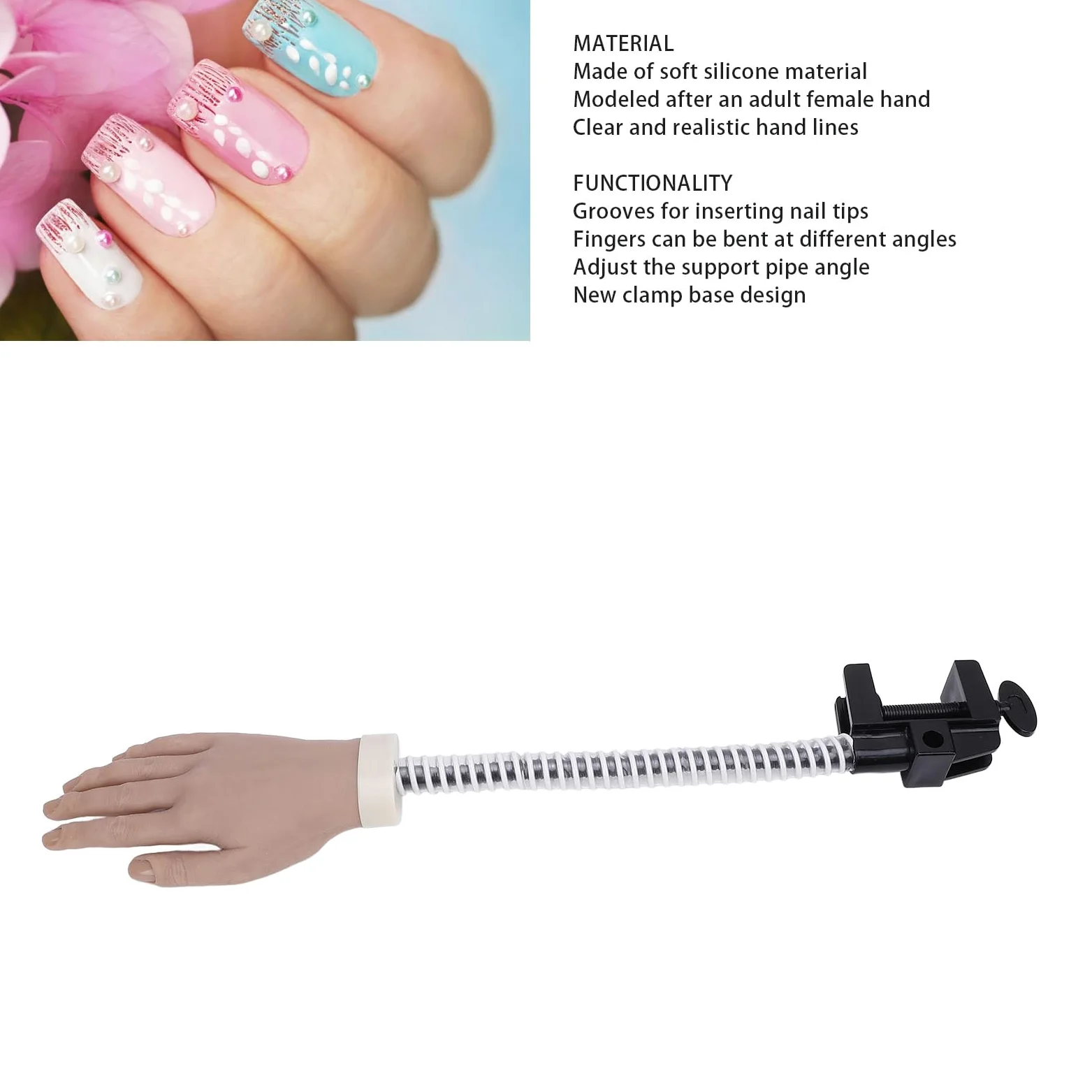 Dłoń do ćwiczeń Paznokci, Elastyczne Ruchome Sztuczne Dłonie z podstawą Zacisku, Realistyczna dłoń Manekina do Manicure dla Początkujących, Profesjonalny Zestaw do Treningu