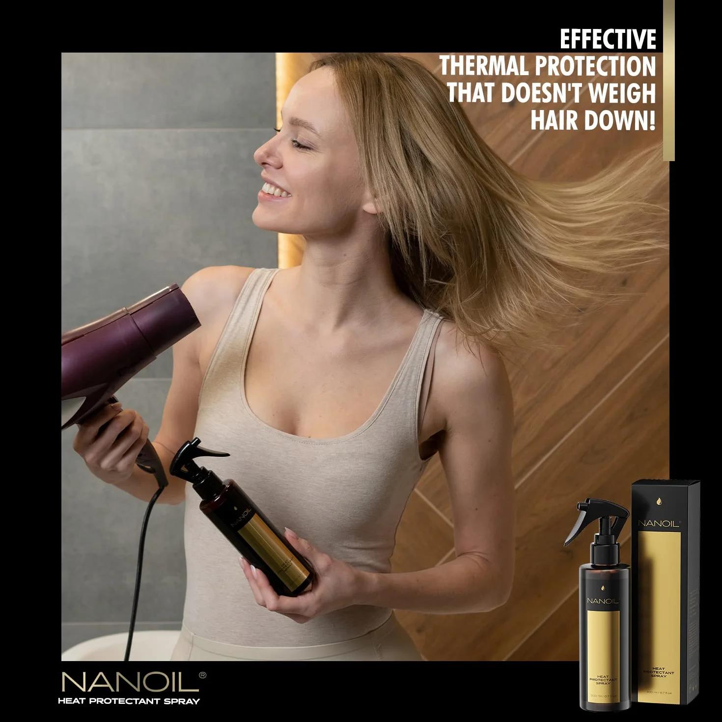 Termoochronny spray do włosów Nanoil Heat Protectant Spray 200 ml - spray do włosów chroniący przed wysoką temperaturą, ochrona włosów przed ciepłem