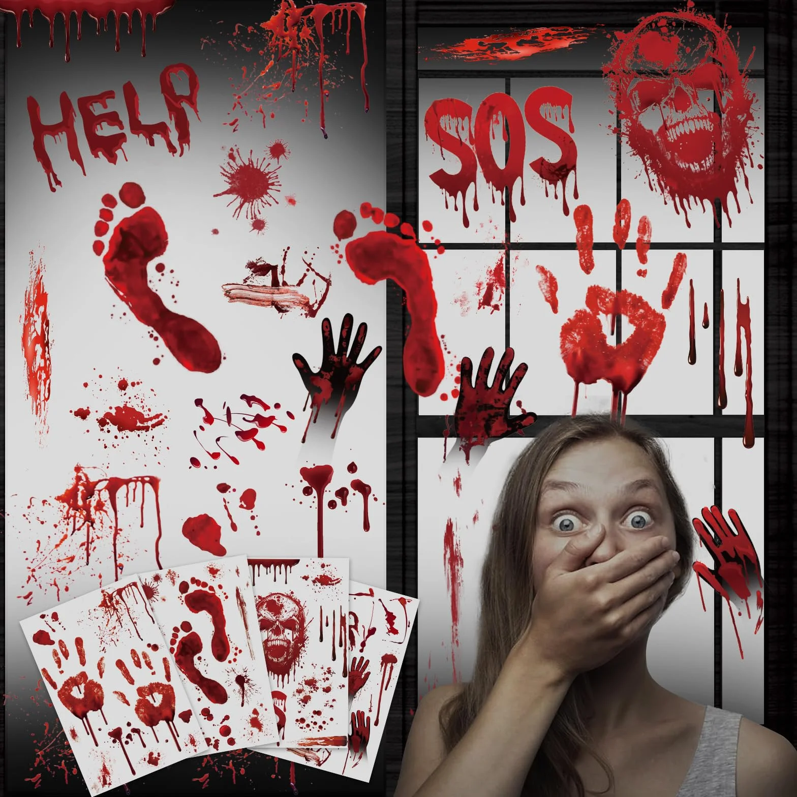 Halloween naklejki okienne krwawy odcisk dłoni 10 arkuszy zombie dekoracja