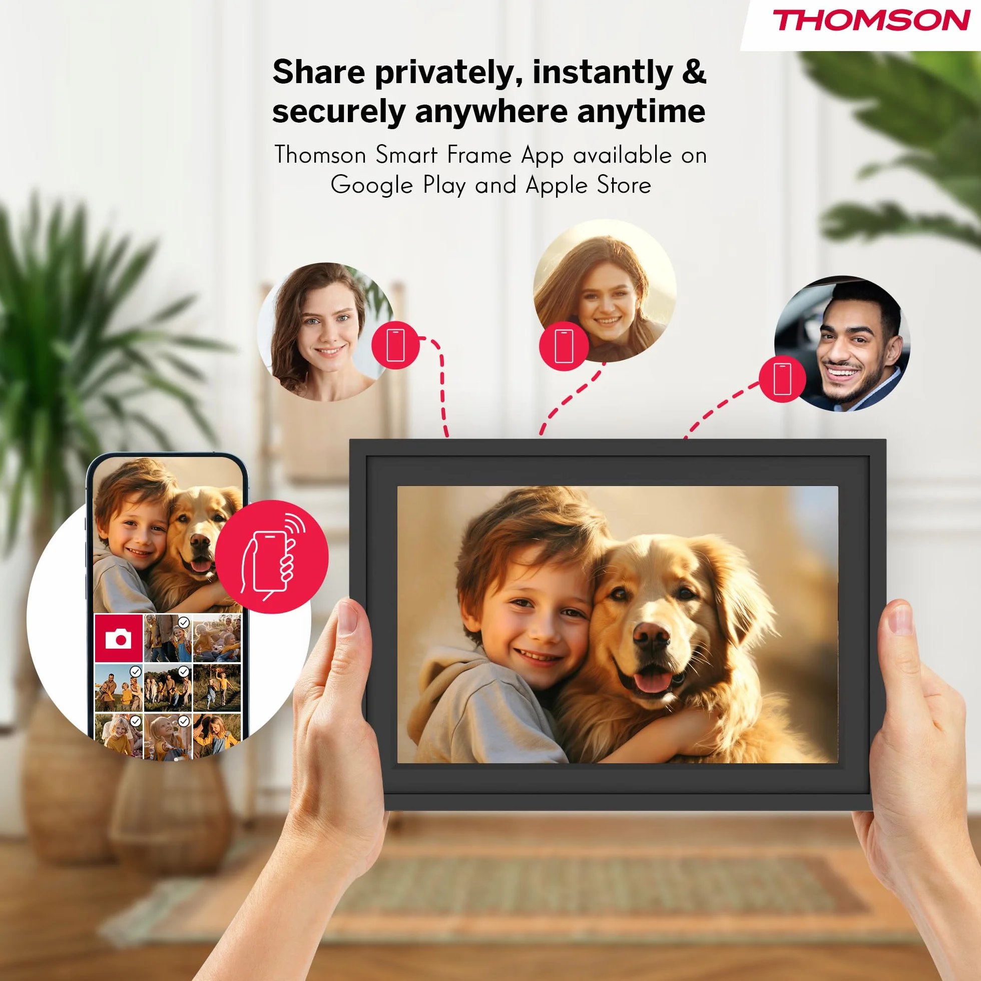 Thomson Cyfrowa Ramka na Zdjęcia 10 Cali, Ekran IPS, Ekran Dotykowy HD, WLAN, Bezpośrednie Udostępnianie przez App, Funkcje Smart, Elektroniczna Ramka na Zdjęcia z Pamięcią 32 GB, Automatyczny Obrót