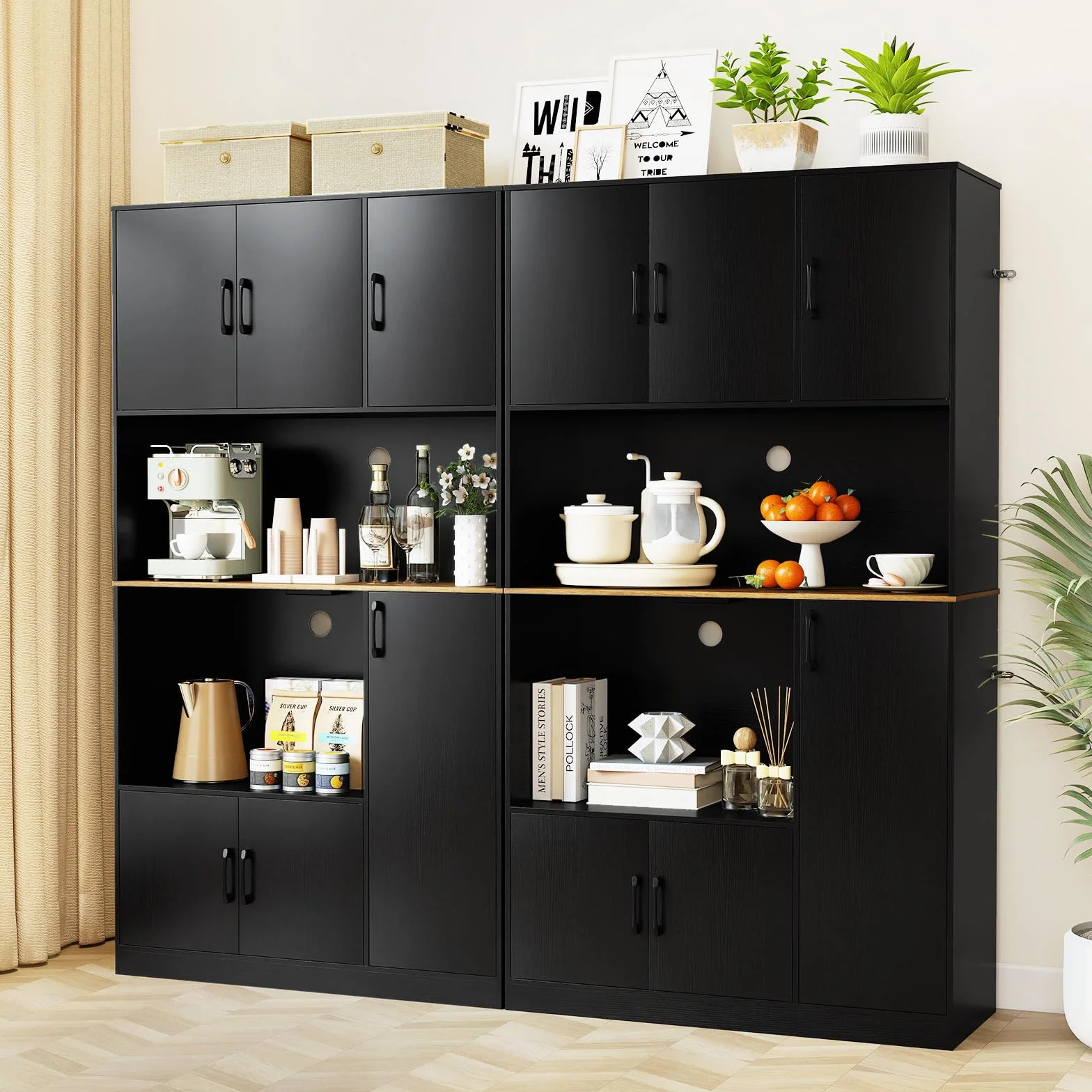 COSTWAY Drewniana szafka kuchenna z gniazdkiem, wysoka 100x40x180 cm czarna