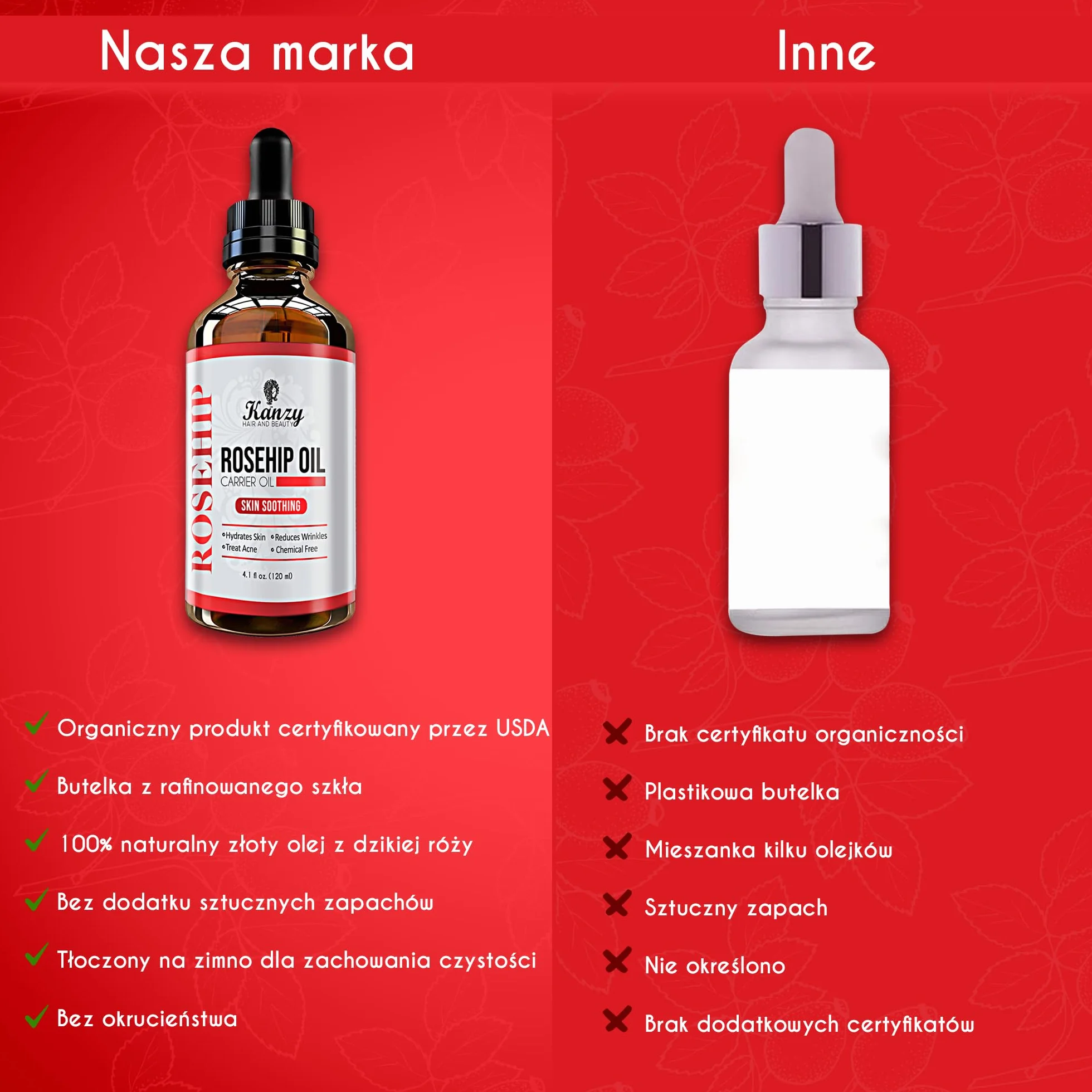 Kanzy Olejek Z Dzikiej Róży, Tłoczony Na Zimno, 100% Czysty 120 ml Rosehip Oil Do Skóry Paznokci Olejek Do Twarzy Ciała Wegański Wolny Od Heksanu, Naturalny Rosehip Seed Oil