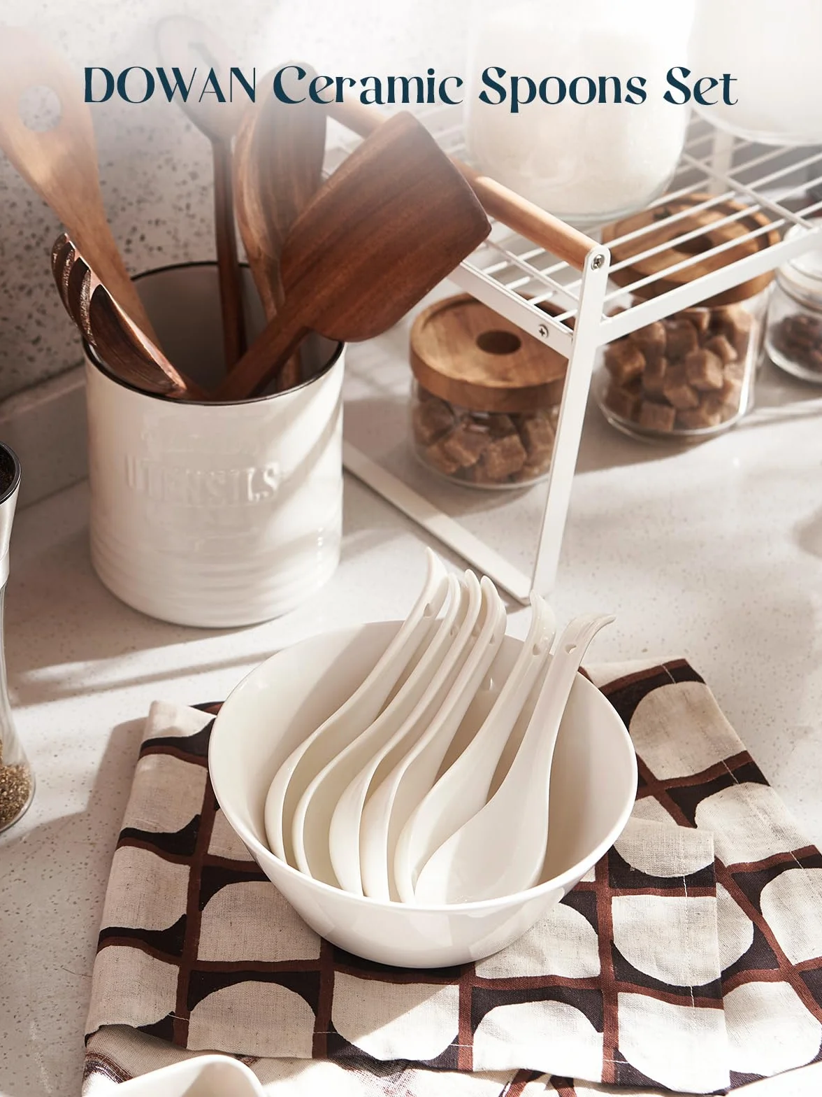 DOWAN Ceramiczne Łyżki do Zupy Azjatyckie Duże Zestaw 6 szt Ramen Pho Wonton