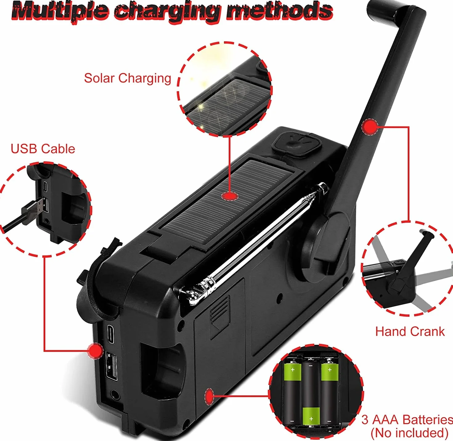 Solarne radio przenośne radio z korbą, radio AM/FM o pojemności 5000 mAh, ładowalna bateria, power bank, radio awaryjne z oświetleniem LED, alarm SOS i kompas, przyłącze do użytku zewnętrznego