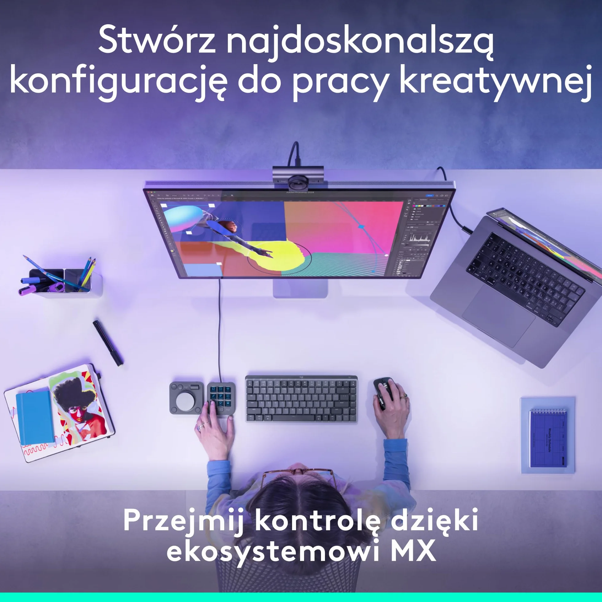 Logitech MX Creative Console, programowalna klawiatura keypad z 9 klawiszami LCD z programowalnymi napisami i pokrętłem sterowania do projektowania graficznego, edycji wideo, fotografii - Grafit
