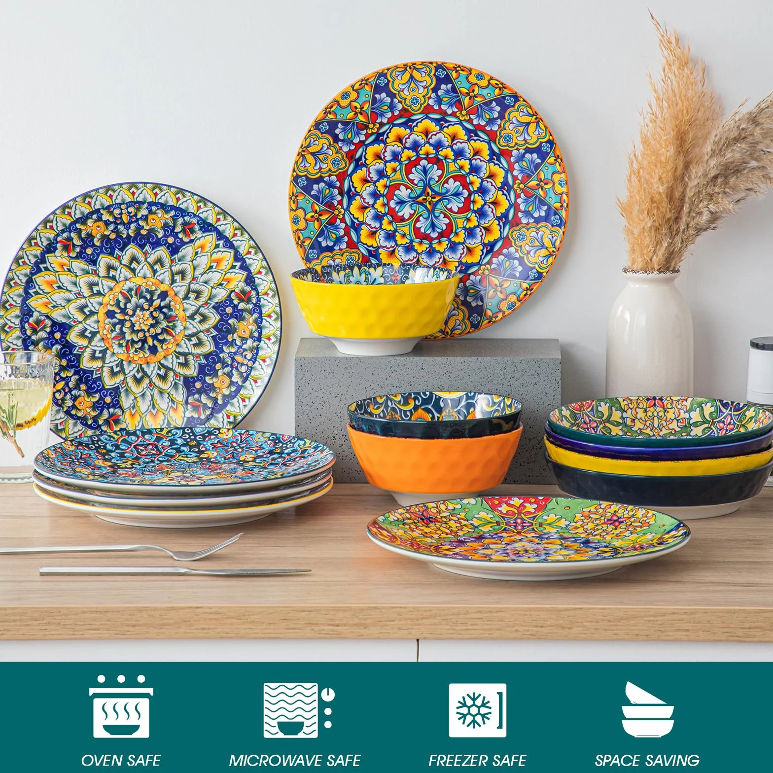 vancasso Zestaw 6 talerzy obiadowych, talerze ceramiczne 26,7 cm, bezpieczne do kuchenki mikrofalowej, piekarnika i zmywarki, kolorowe naczynia w stylu boho do kuchni