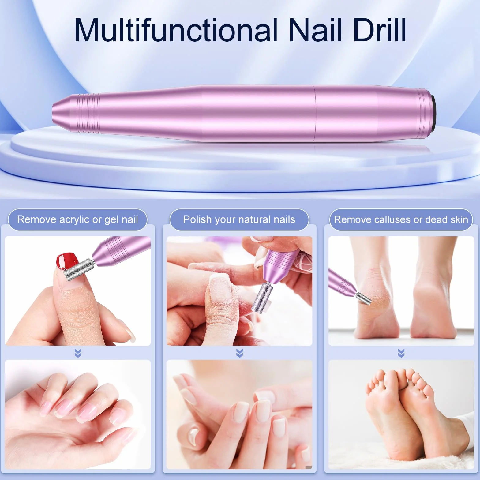 Elektryczne pilniki do paznokci, profesjonalna wiertarka do paznokci, 20000 obr./min, regulowana prędkość manicure, pedicure, zestaw z 6 wiertłami, niski poziom wibracji, niski poziom hałasu, elektryczna wiertarka do paznokci żelowych/akrylowych dla począ