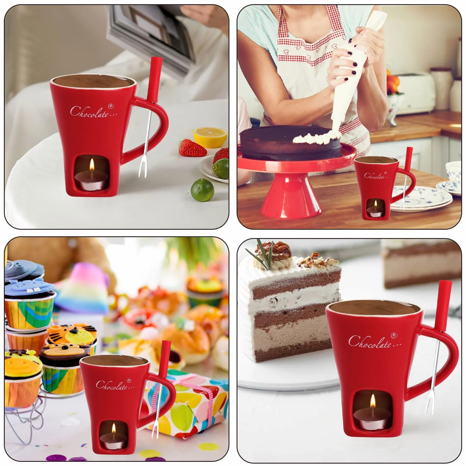 Kubek do fondue czekoladowego, ceramiczny, 130 ml, czekoladowy kubek do fondue z uchwytem na podgrzewacze i widelcami, czekoladowe fondue, zestaw do fondue, czekolady, fondue, zestaw do topienia