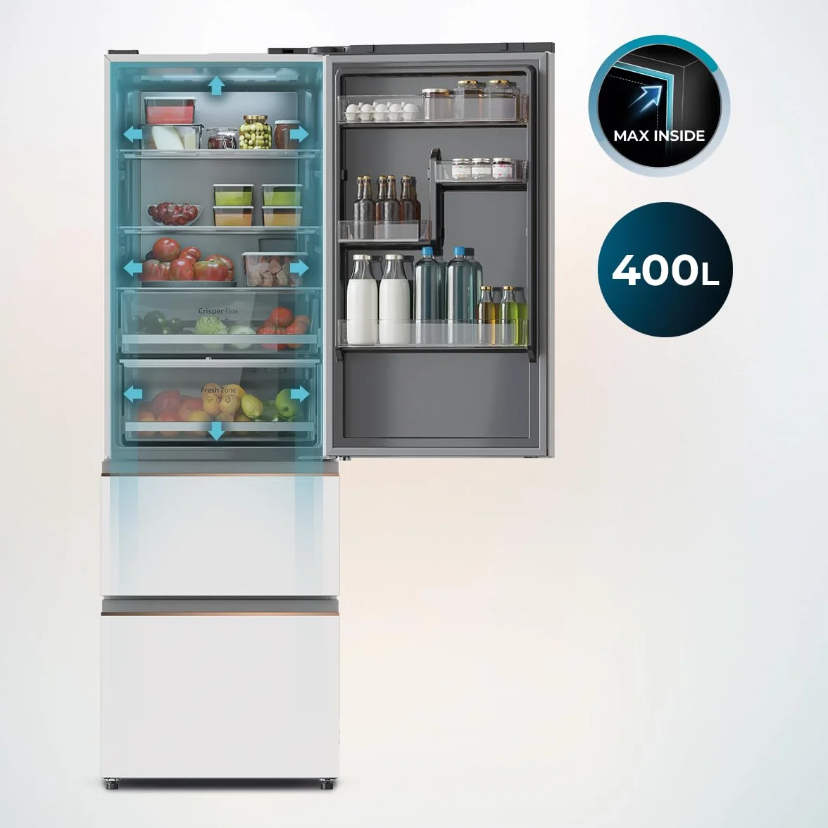 Cecotec Lodówka Francuskie Drzwi 400 L Bolero Coolmarket Combi Fd 400 White Glass E Nofrost Total System Multi Airflow Cicha sprężarka inwerterowa