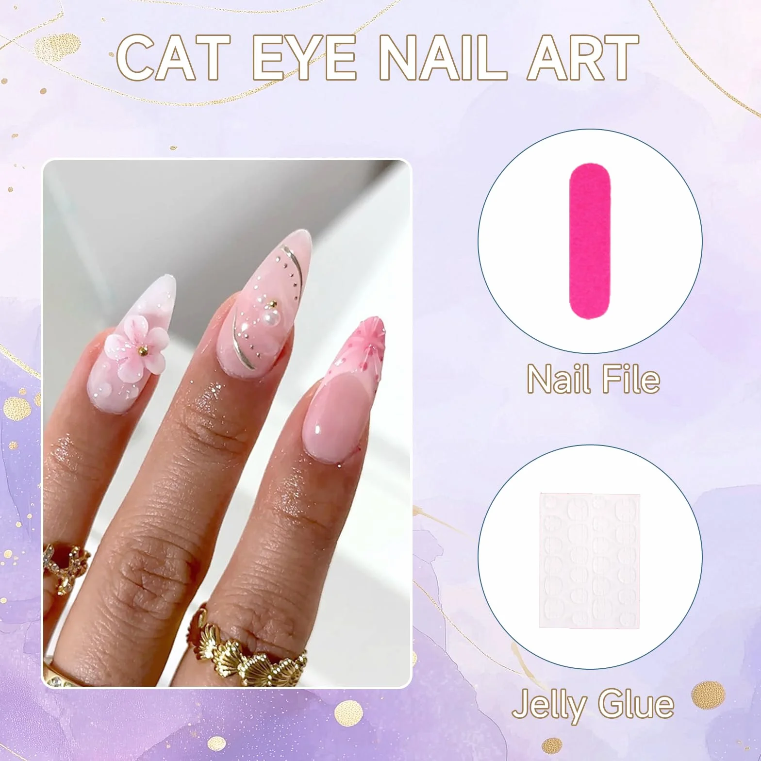 Sztuczne paznokcie migdałowe 3D różowe kwiaty koraliki zestaw do manicure 24 sztuki