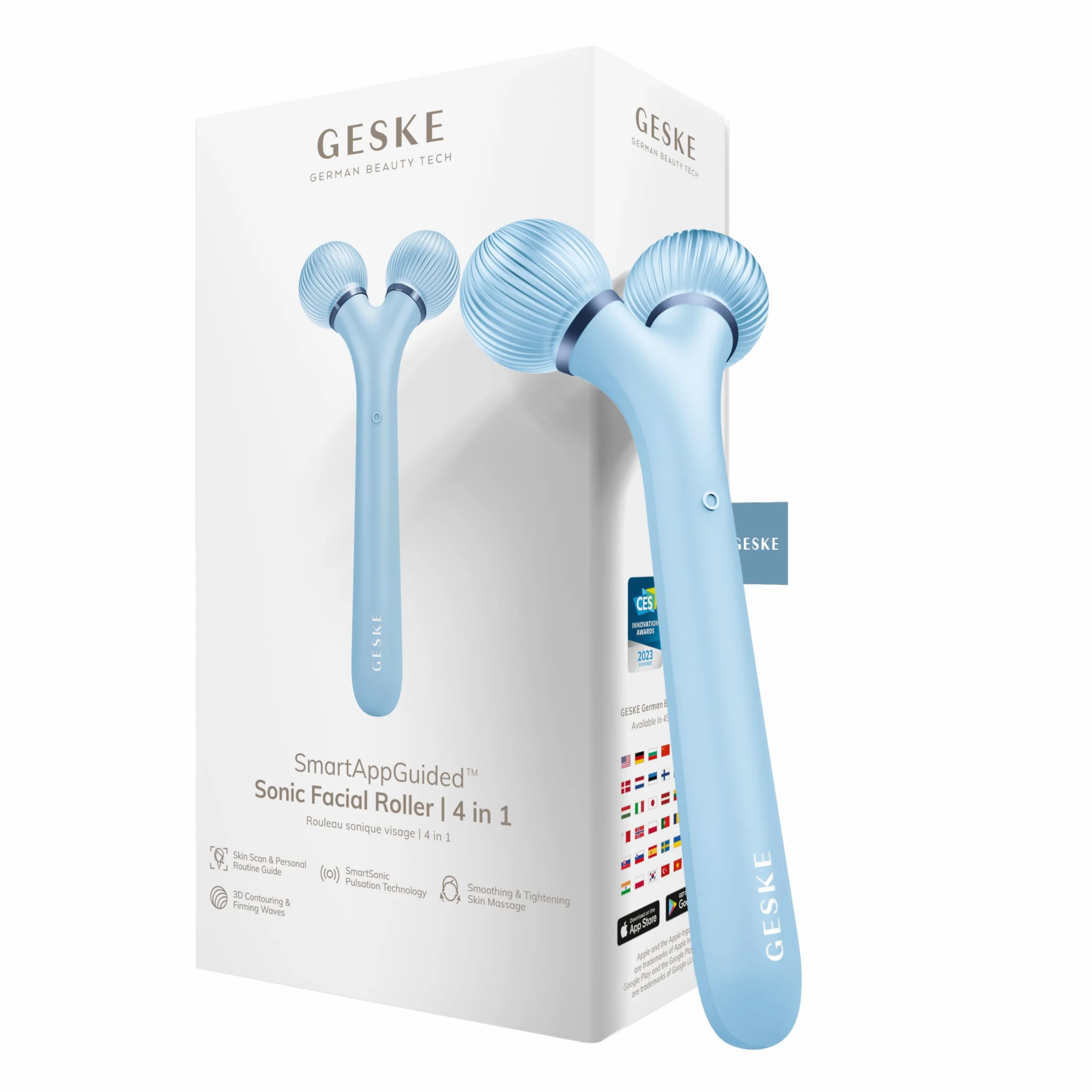 GESKE | Soniczny wałek do twarzy SmartAppGuided™ | 4 w 1 | Roller do skóry | Urządzenie do twarzy | Roller do skóry | Profesjonalny wałek do twarzy | Ujędrnia i upiększa skórę twarzy