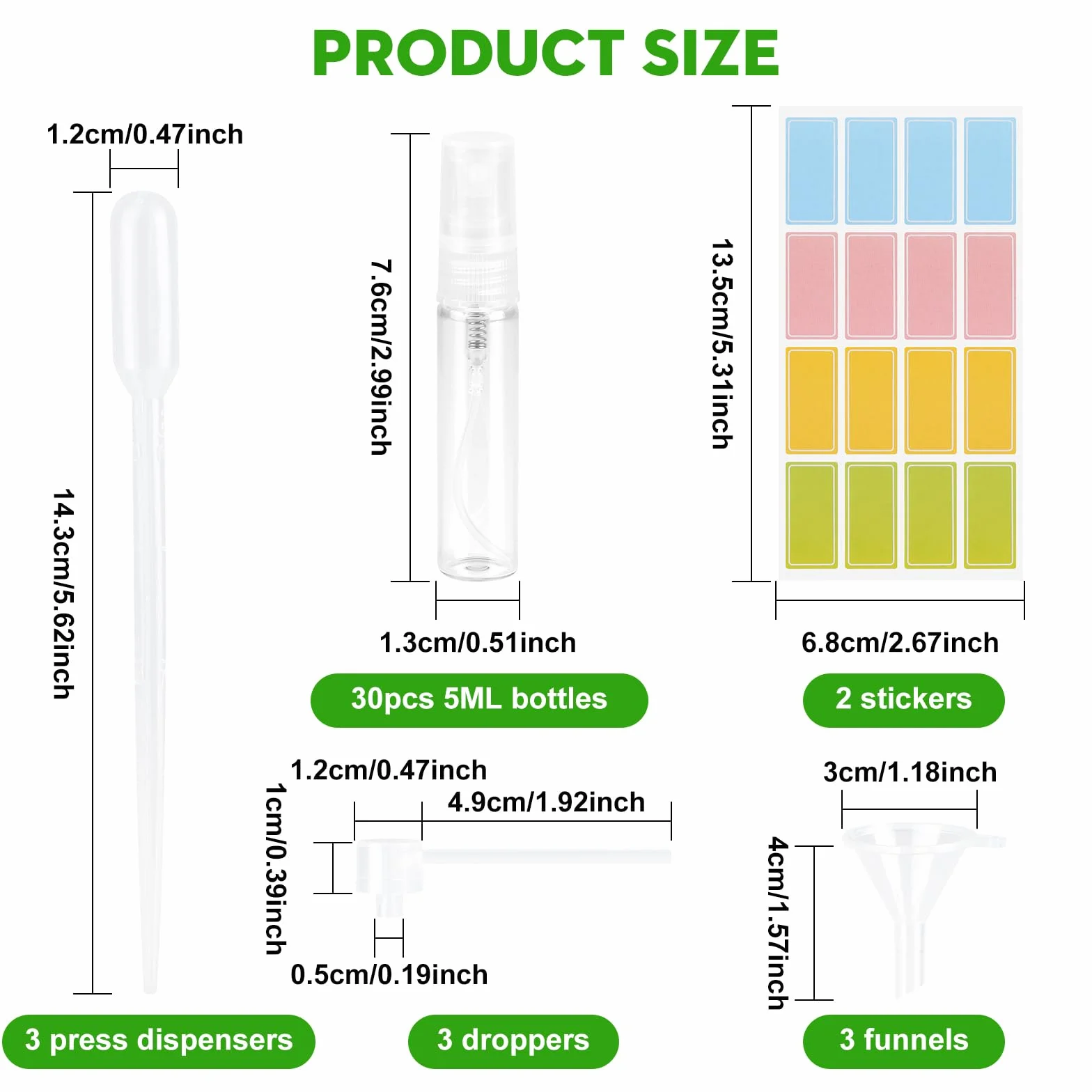 RVLZKCPG 30 sztuk rozpylaczy do perfum, 5 ml, do ponownego napełniania, do użytku w podróży, małe butelki z rozpylaczem do perfum, przezroczyste, szklane, z lejkiem, pipetami, etykietami