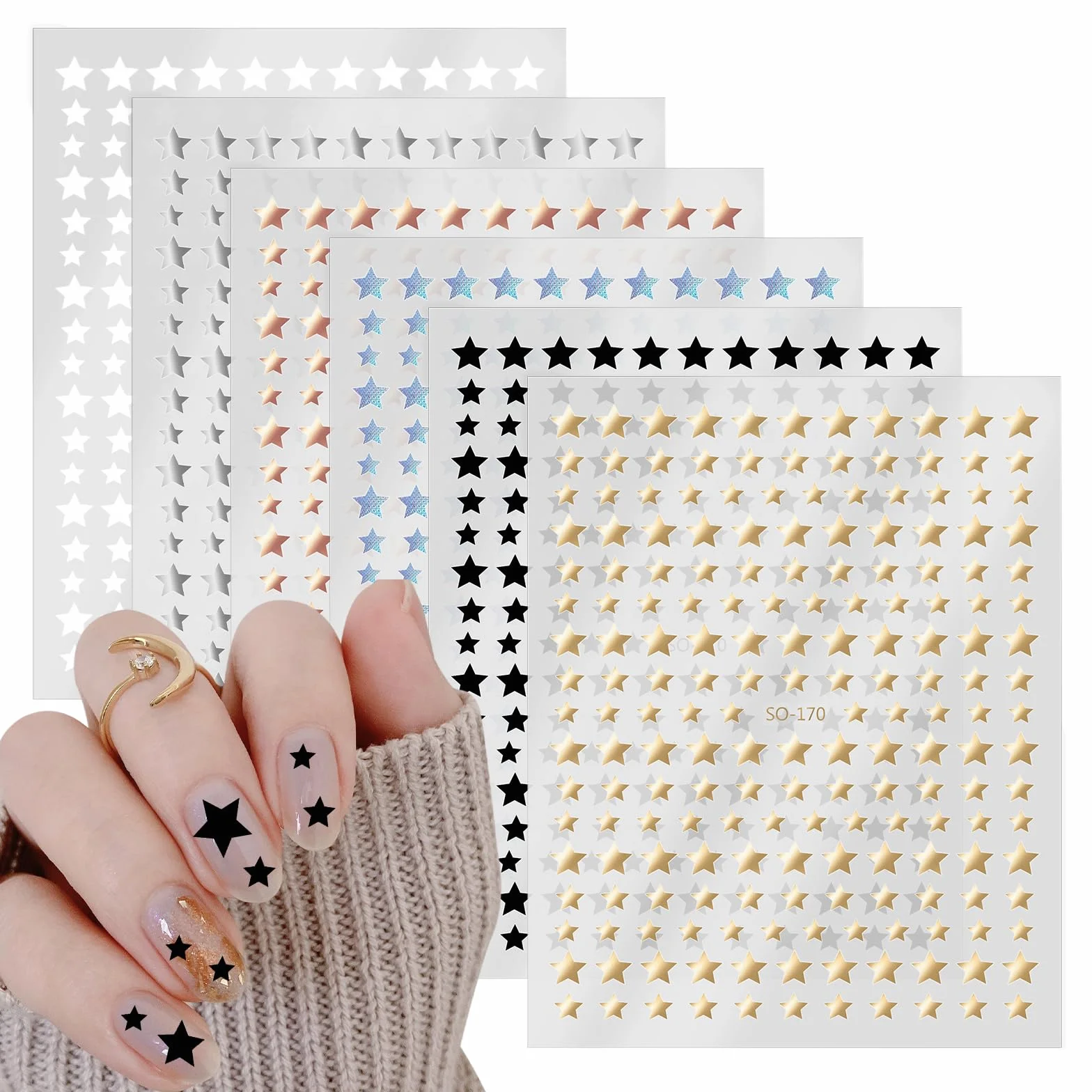 Yuanchu Naklejki na Paznokcie z Gwiazdą - 6 Arkuszy, Samoprzylepne 3D, Brokatowe, Geometryczne, Dekoracja DIY, Akcesoria