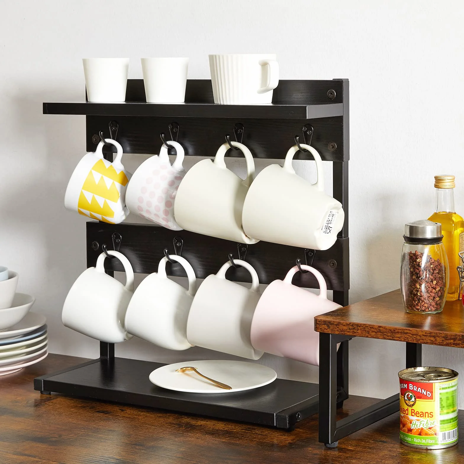 IBUYKE Uchwyt na filiżanki w stylu vintage, z 8 haczykami, uchwyt na kubek do kawy na blat kuchenny, stojak na kubki z dnem do przechowywania, do kuchni, jadalni, kawiarni, 40 x 15 x 40 cm, czarny