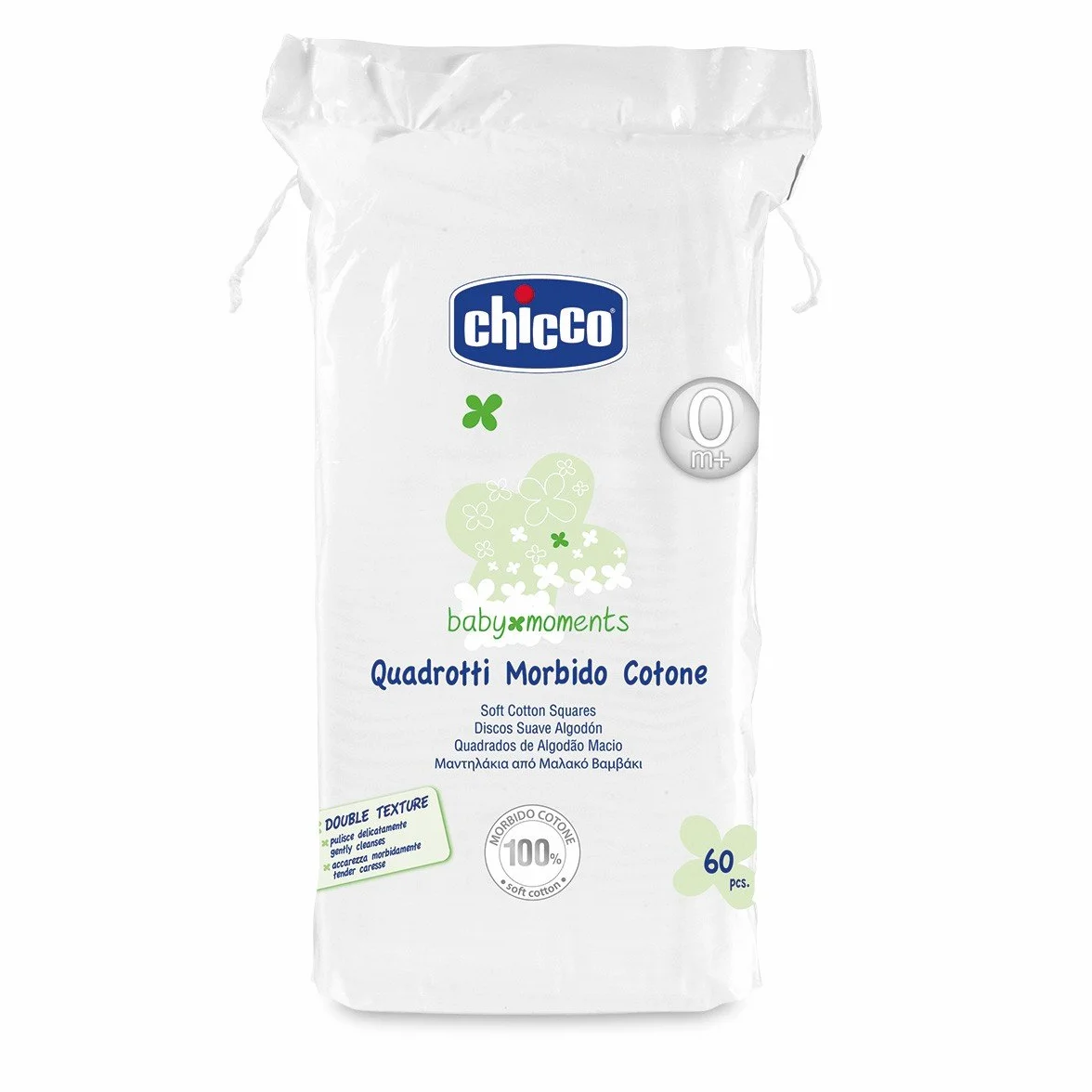 Chicco SKIN – kwadratowe podkładki bawełniane, 60 szt., 0 m + wielokolorowe, 60 sztuk