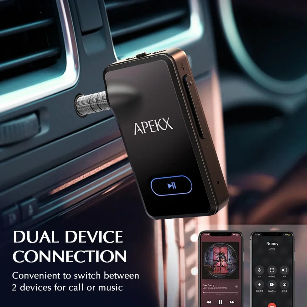 APEKX Adapter samochodowy Bluetooth, bezprzewodowy odbiornik audio Hi-Fi 3,5 mm Aux z 15 godzinami pracy na baterii, do domowego zestawu stereo, przewodowych słuchawek i głośników (czarny)