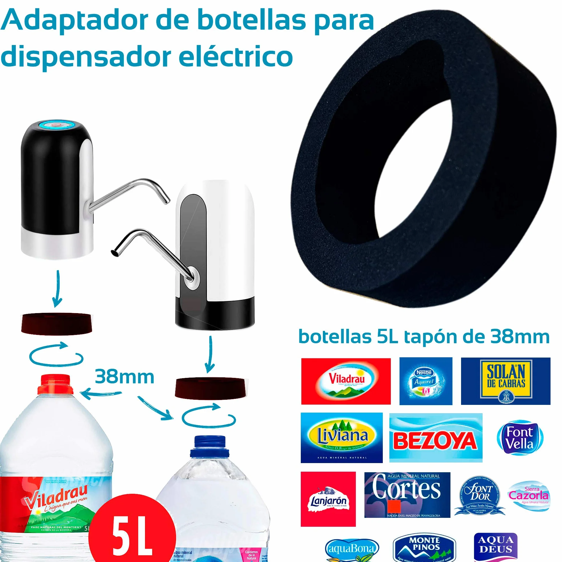 MovilCom® - Adapter do elektrycznego dozownika wody kompatybilny z butelkami 5, 6, 8, 10, 12 l, 37, 38 i 48 mm