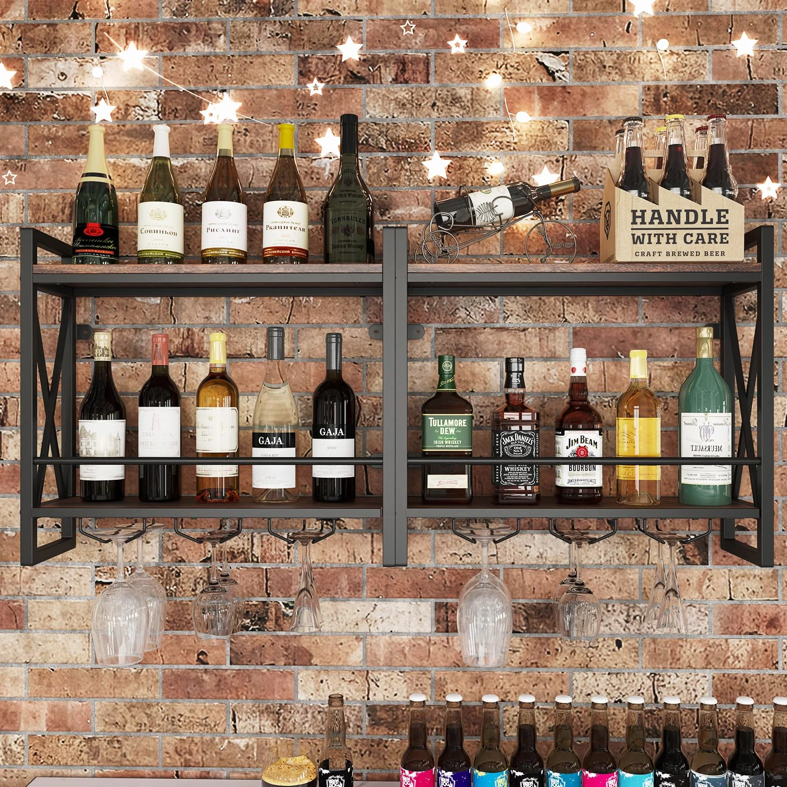 COSTWAY Regał ścienny na wino 2 poziomy metalowa ramka 60 x 20 x 55 cm