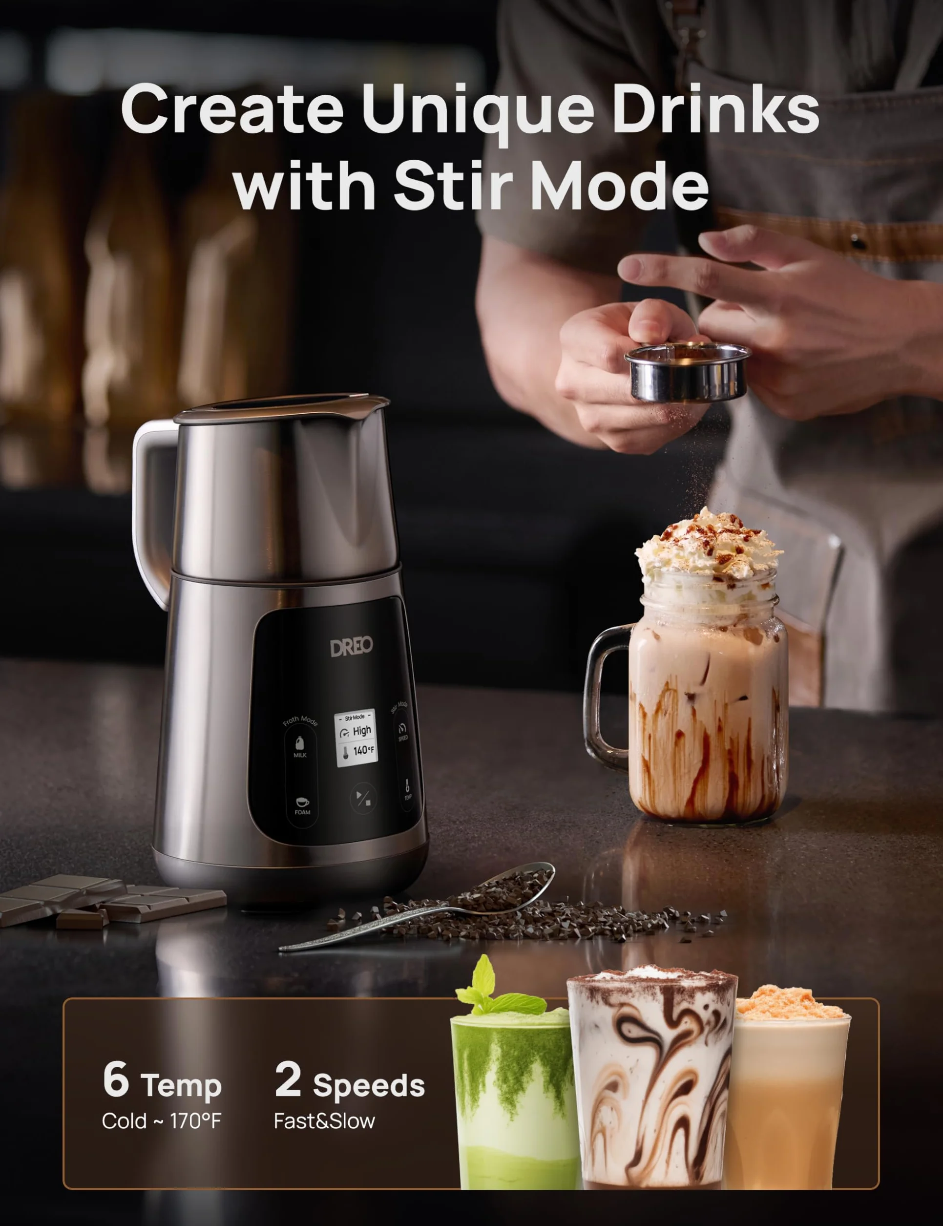 Dreo automatyczny spieniacz do mleka 800 ml Art Level, podgrzewacz do kawy latte