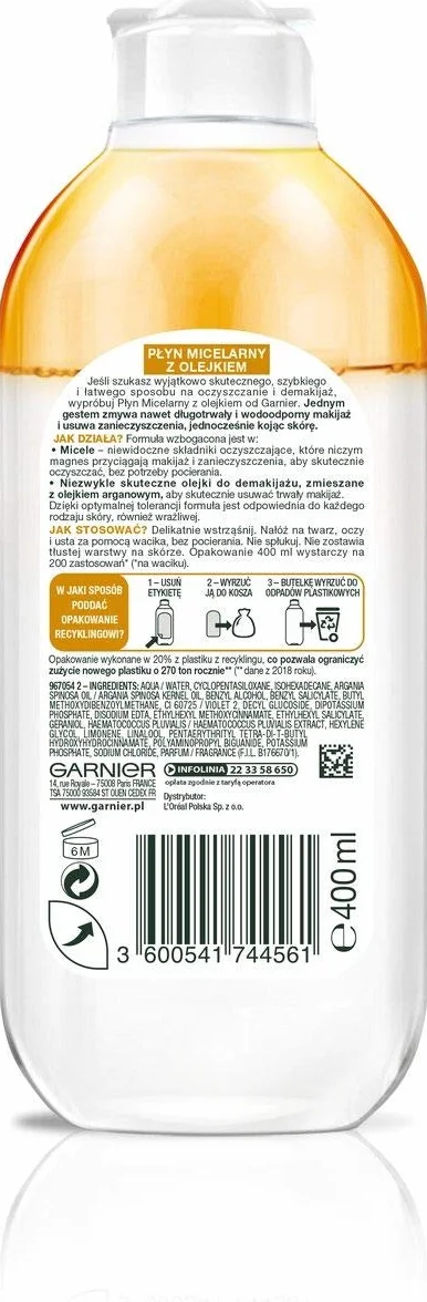 Garnier Skin Naturals Płyn Micelarny z olejkiem arganowym, dwufazowy 400 ml