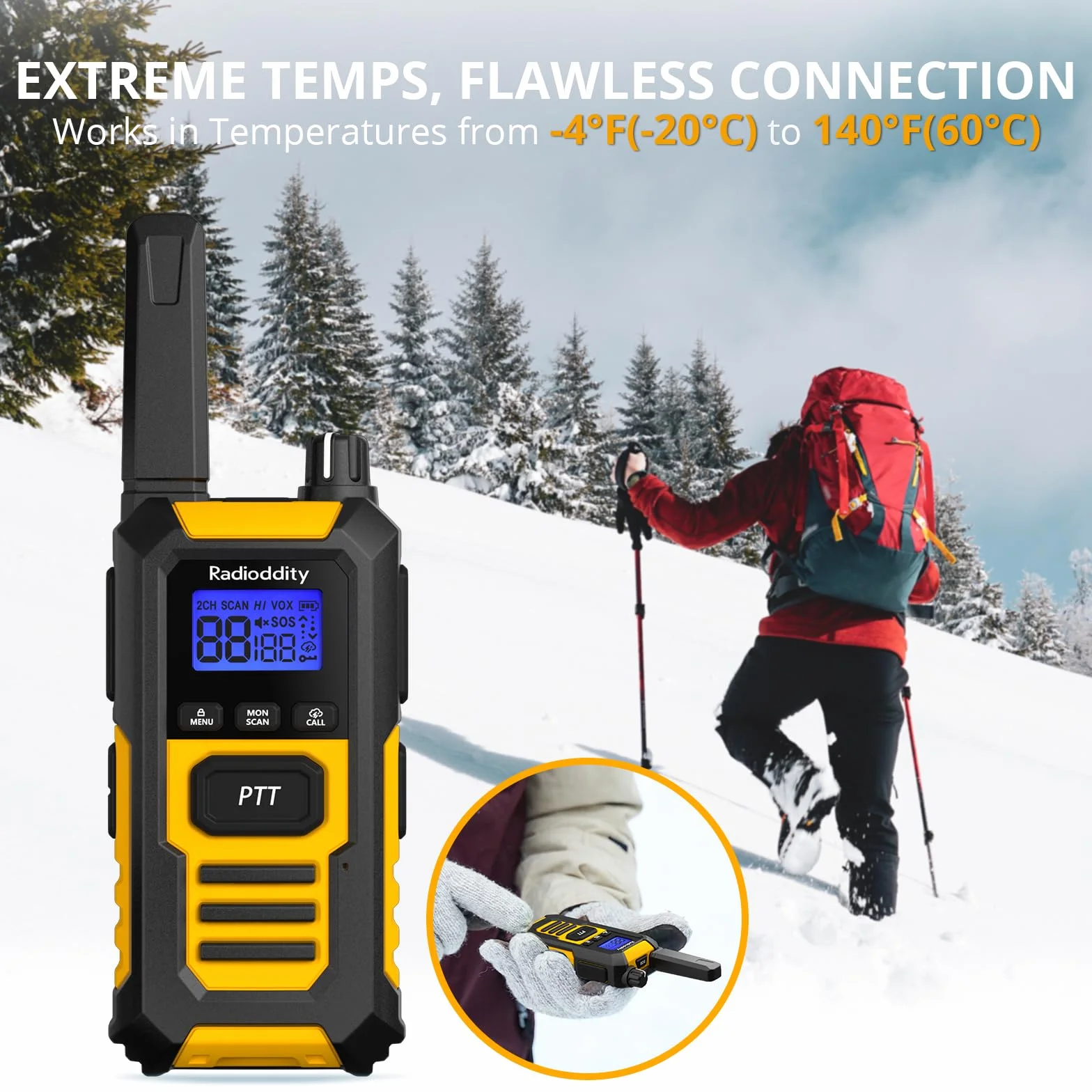 Radioddity HD-1 Walkie Talkie IP67 wodoodporny, wytrzymały, pyłoszczelny i odporny na wstrząsy zestaw radiowy PMR, z jednym przyciskiem połączenia grupowego, alarmem wibracyjnym, SOS, ładowaniem