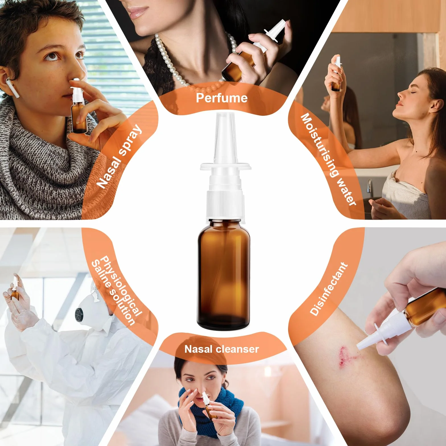 5 sztuk 30 ml butelka z aerozolem do nosa, pusta, szklana, butelka z rozpylaczem do nosa, wielokrotnego użytku, do ponownego napełniania, kolor brązowy