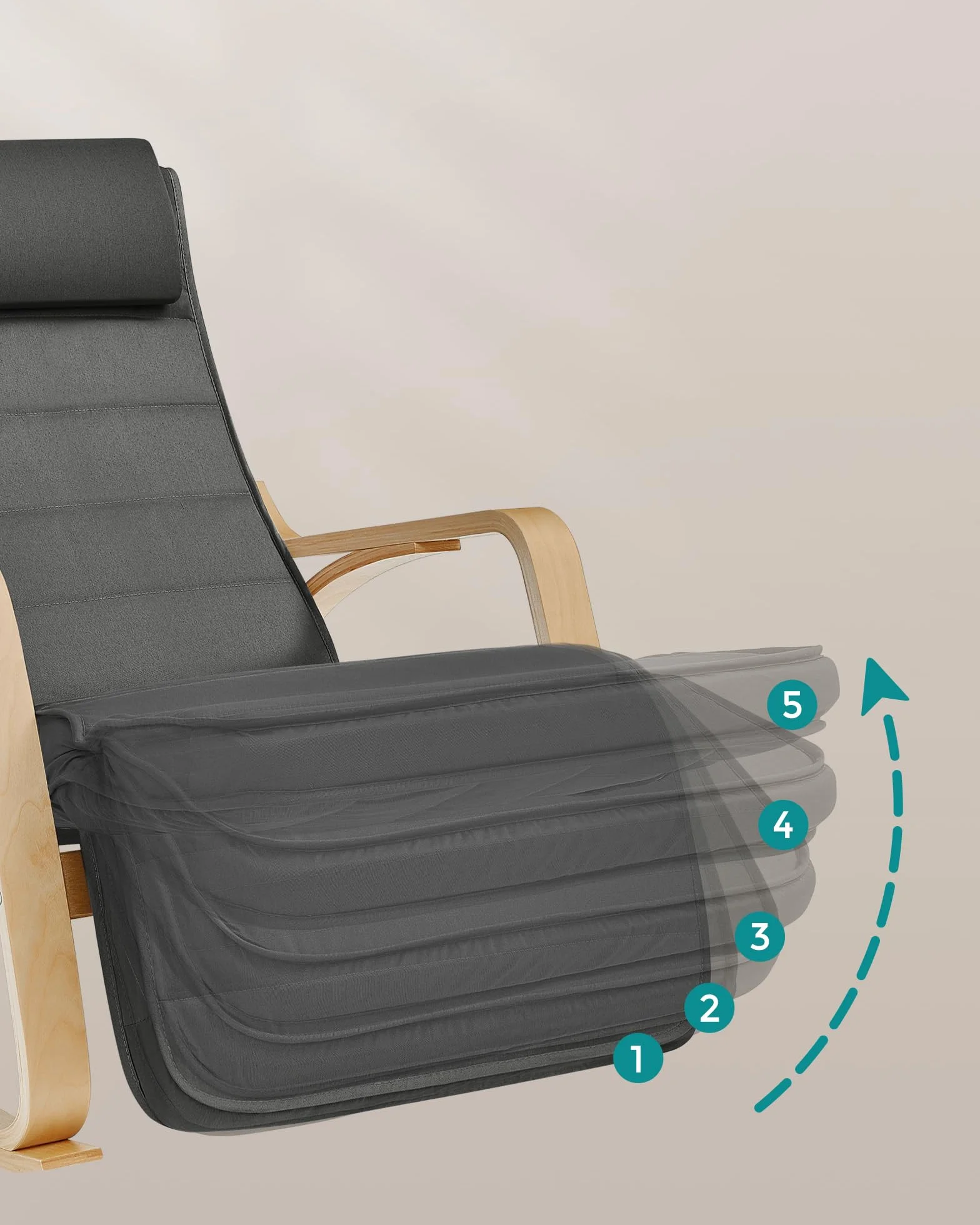 SONGMICS LYY10G fotel bujany, z podłokietnikami z drewna brzozowego, 5-stopniowa regulacja podnóżka, obciążenie do 150 kg, do sypialni, salonu, kolor ciemnoszary, naturalny