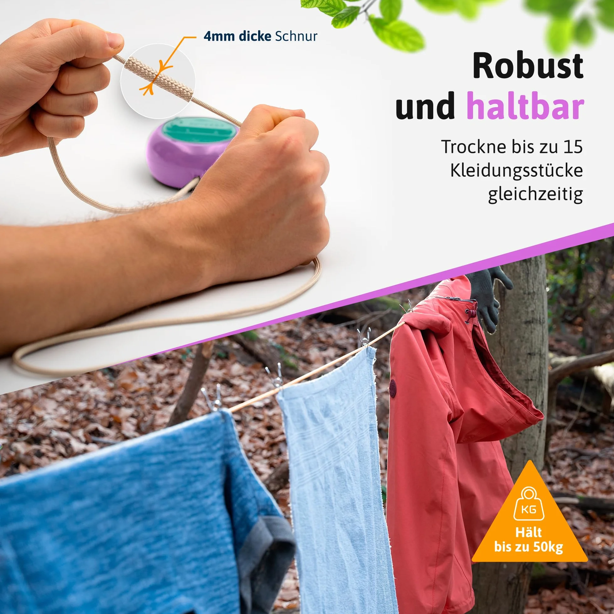 AUTDOOR® Rozsuwana linka do suszenia prania – z rozkładaną korbą ręczną do łatwego zwijania – wytrzymała linka podróżna 10 m na kemping, do kampera i na balkon (pastelowy retro)