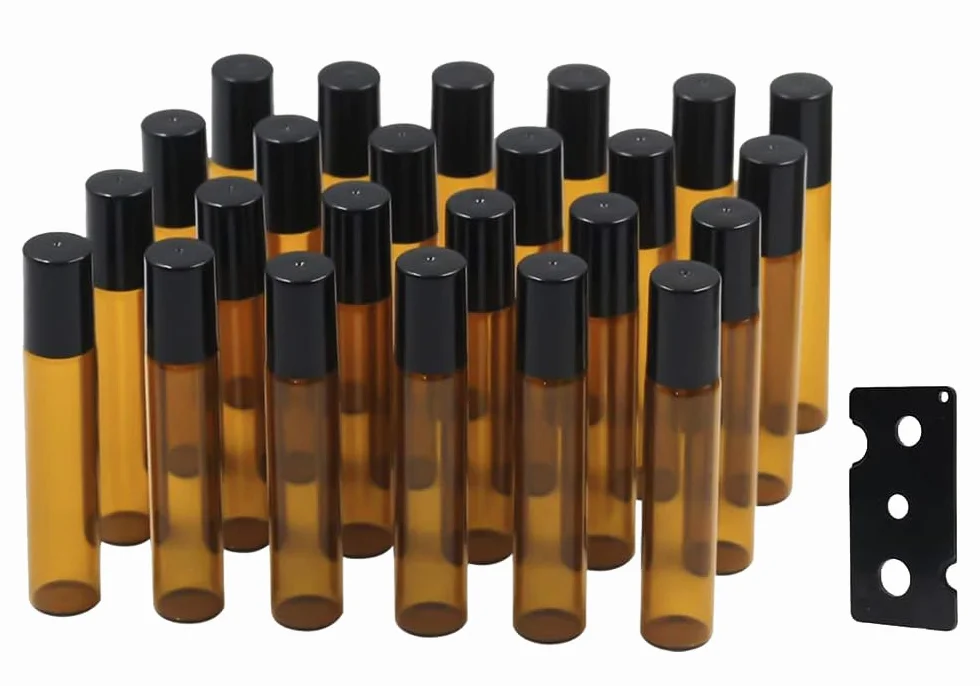 Topsky Puste szklane butelki w kulce ze stali nierdzewnej, na olejki eteryczne, balsamy, perfumy brązowe (24 sztuki, 10 ml)
