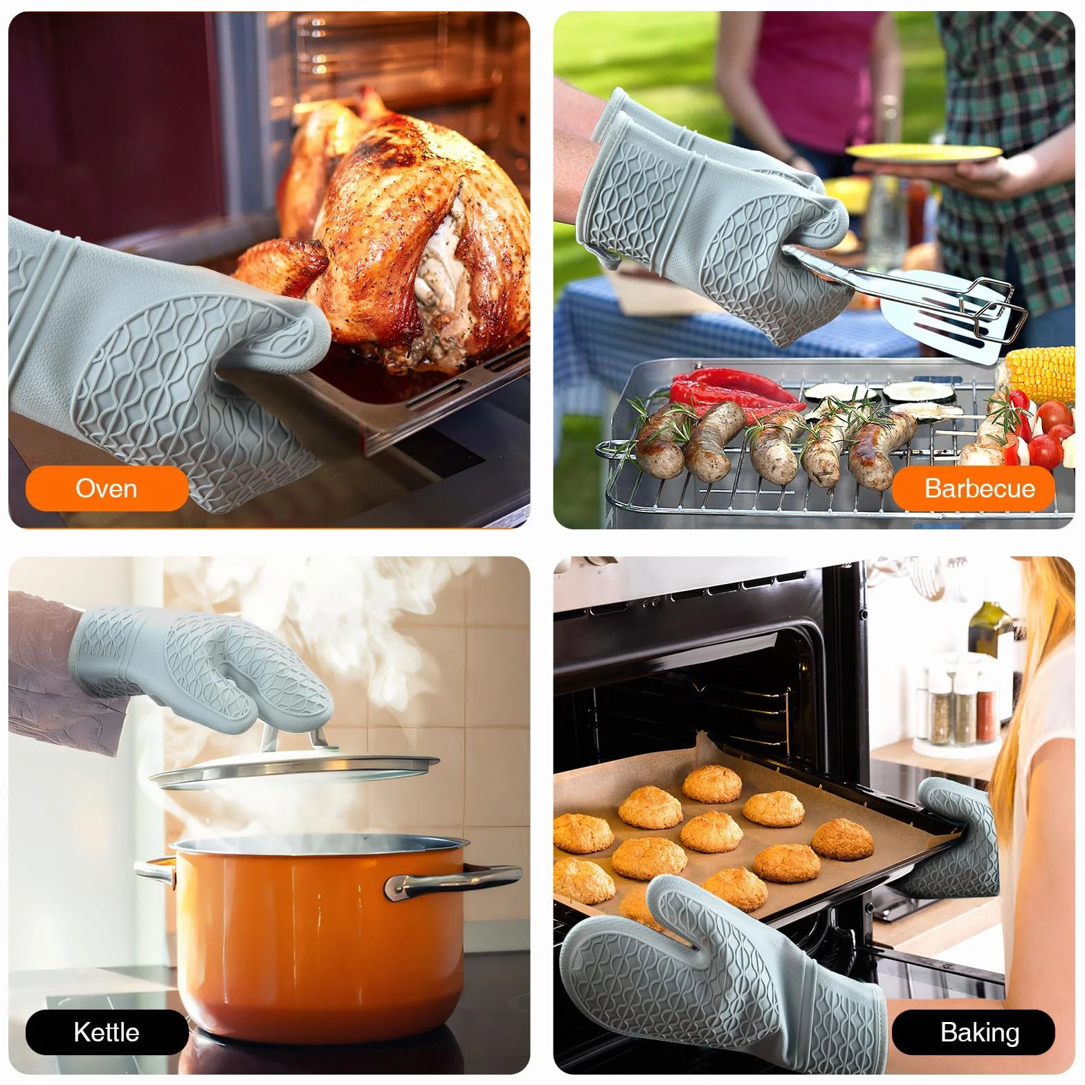 Silicone Oven Mitts Heat Resistant 2PCS with Soft Cotton Lining Waterproof Non-Slip Grip Kitchen Potholder 12.5 Inch Grey