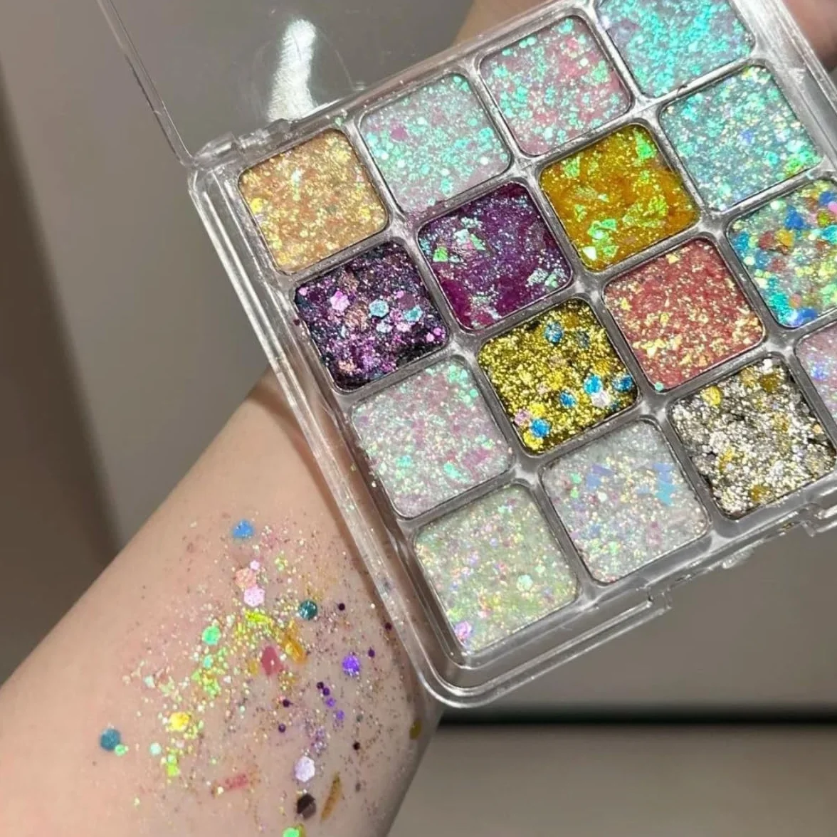 Paleta brokatowa do twarzy, 16 kolorów, cienie do powiek, cekiny, błyszczące oczy, brokat, ciało, błyszczyk, perłowy, błyszczący brokat, do makijażu, na festiwal, karnawał