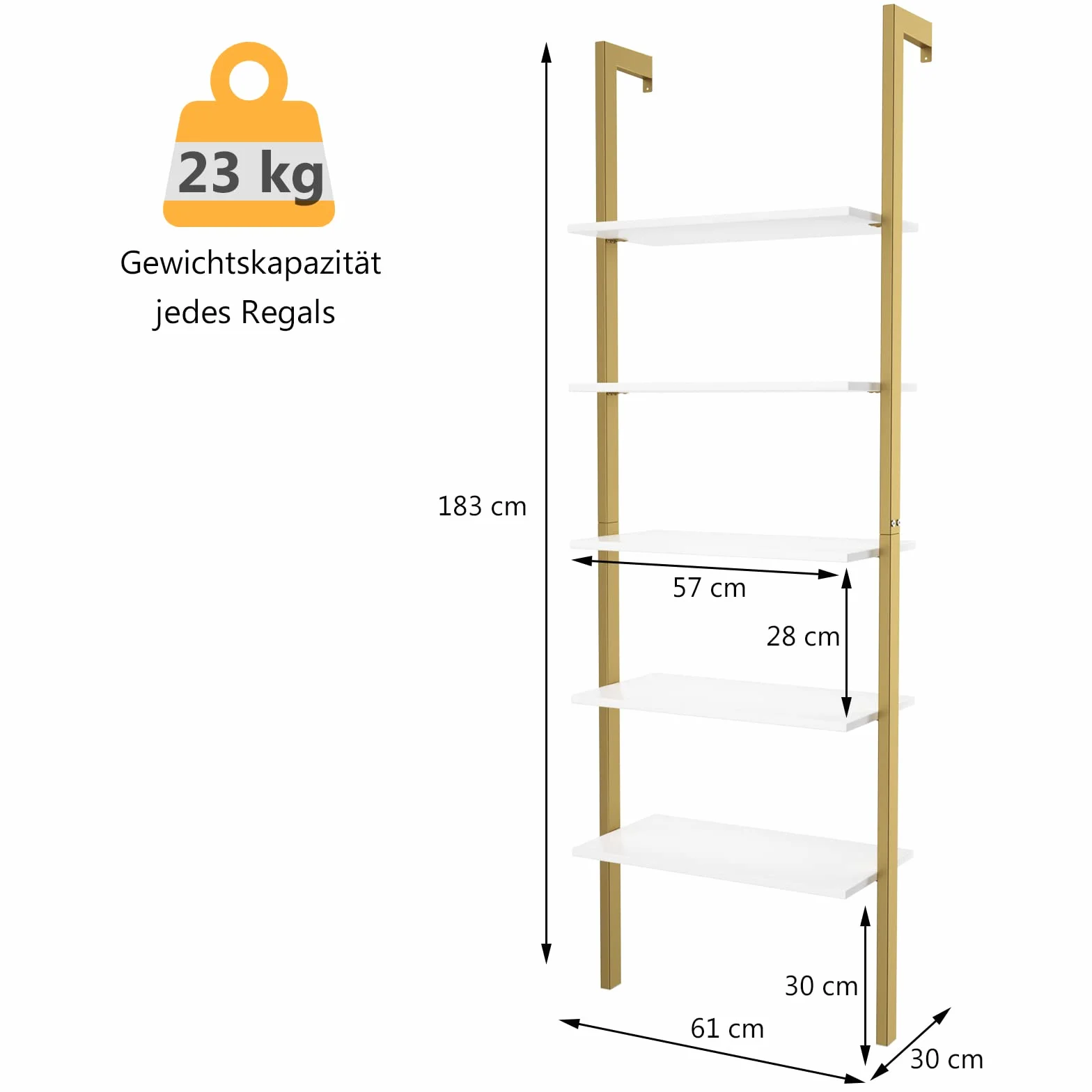 COSTWAY Regał drabinkowy 5-poziomowy metalowa rama 61 x 30 x 183 cm złoty