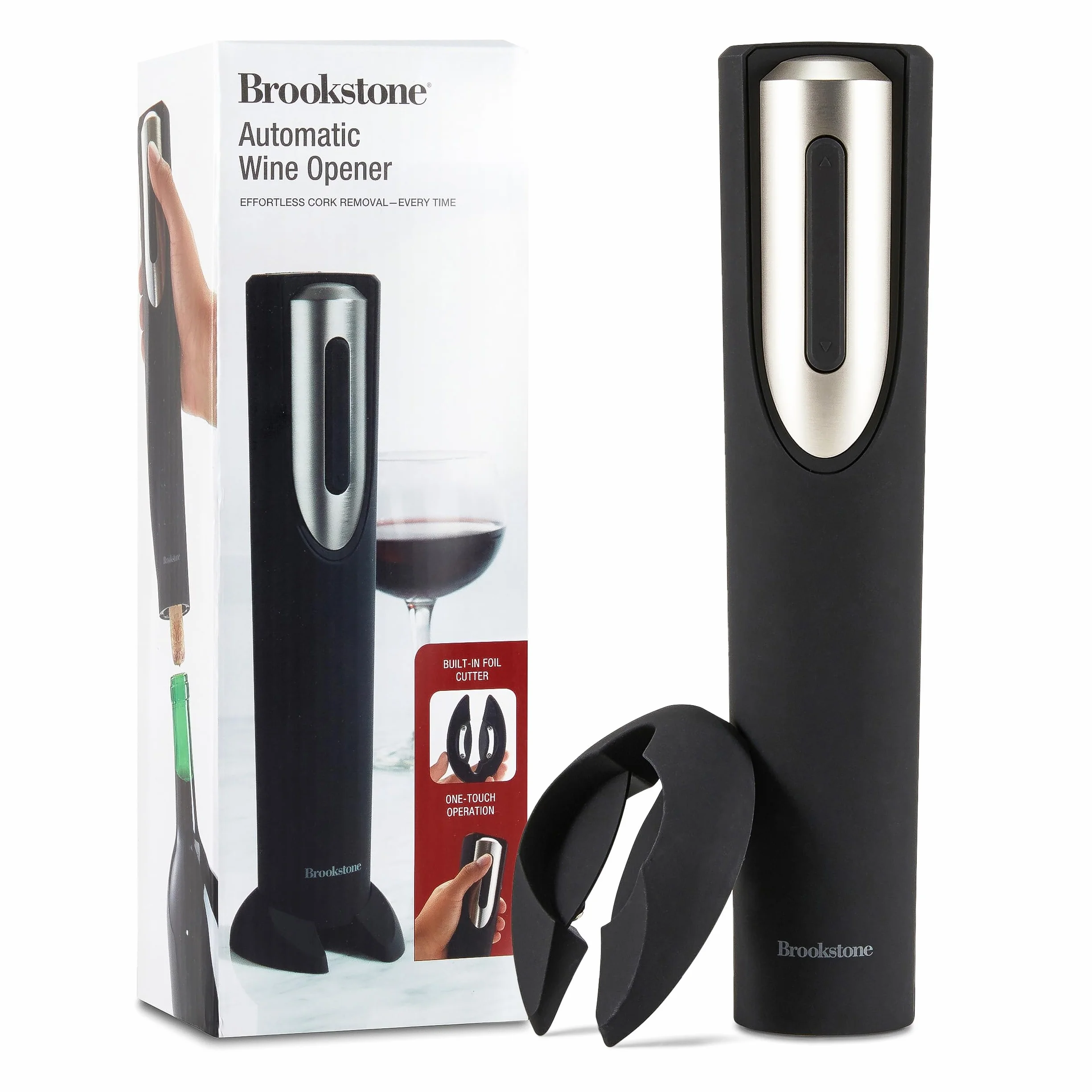 Brookstone Elektryczny Otwieracz do Wina z Nóżem do Folii i Stojakiem - Automatyczny Korkociąg na Baterie