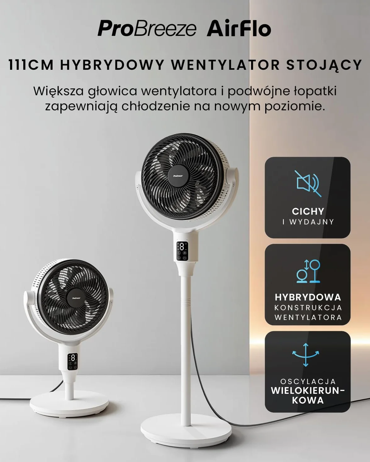 Pro Breeze AirFlo 111 cm wentylator stojący hybrydowy cichy 29 dB LED aplikacja pilot