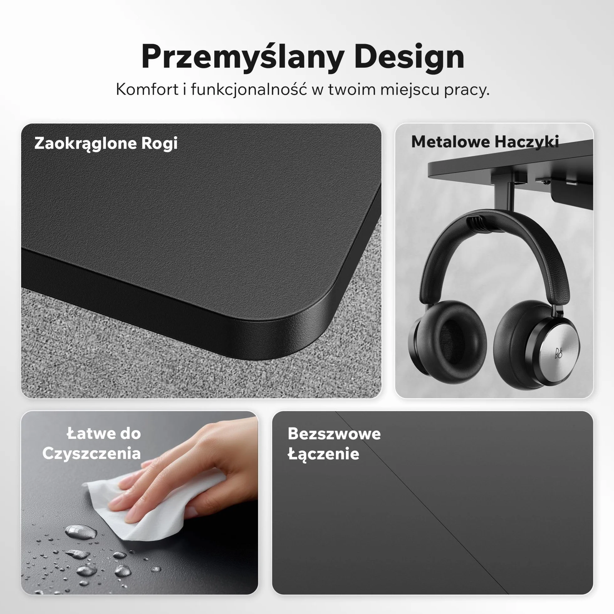 SENSE7 Nojo Light Czarne Biurko Elektryczne 140x70cm 70kg Pamięć Ustawień Cichy Silnik