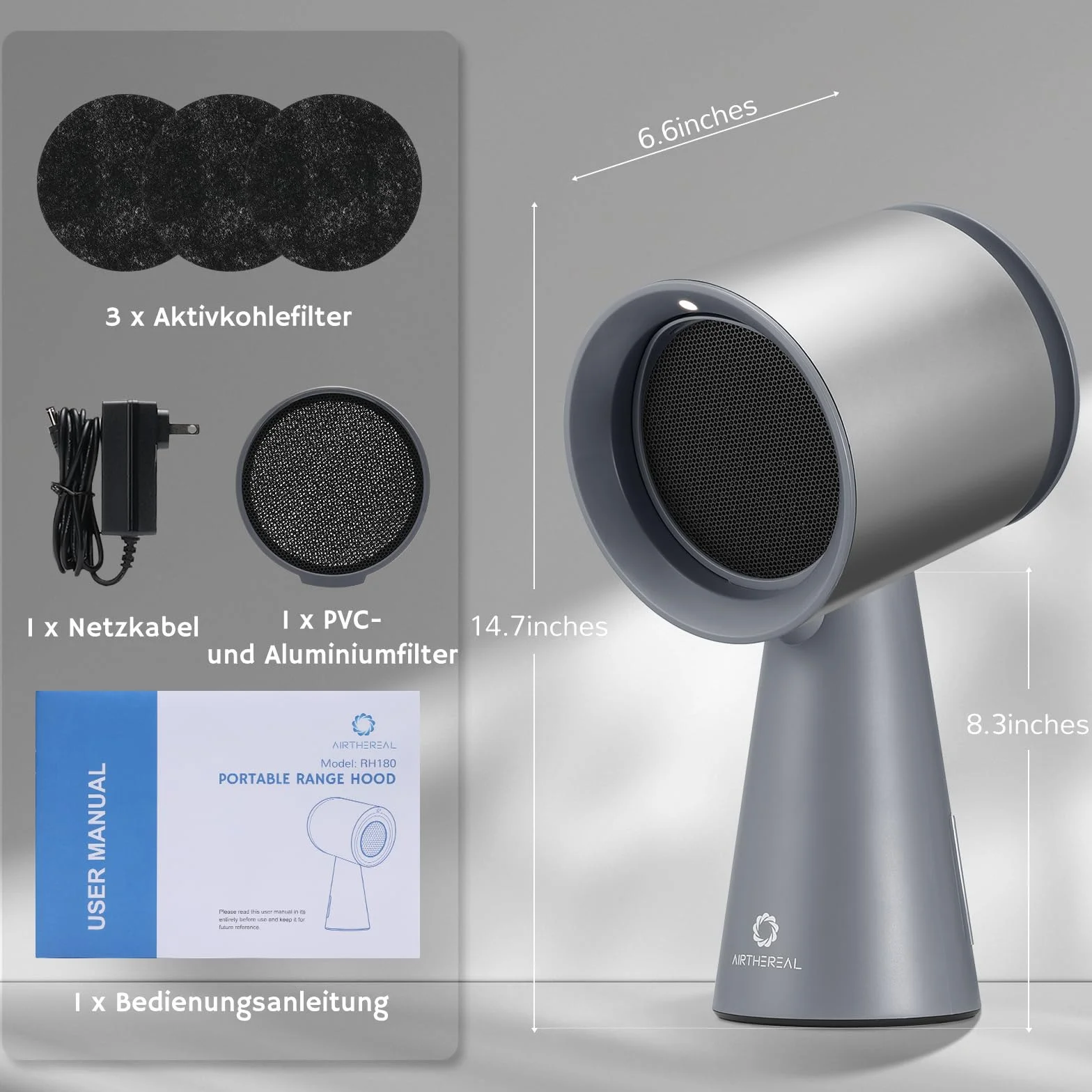 AIRTHEREAL RH180 przenośny okap kuchenny z filtrem węglowym, srebrny