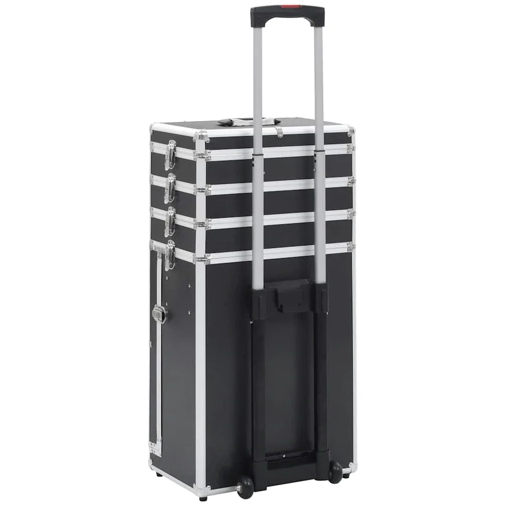 Walizka na kosmetyki aluminiowa czarna z 4 stopniami, 1 szuflada 37 x 24 x 74 cm, zdejmowane kółka, organizer do makijażu, produkt do pielęgnacji, podróż, bagaż podręczny
