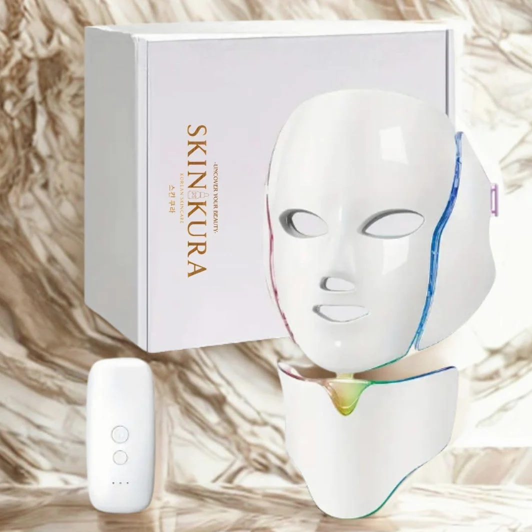 Skinkura LED maseczka do twarzy i szyi – 7 kolorowej terapii światłem, przeciwstarzeniowa, odmładzanie skóry Collagen – maska na twarz z przyciskiem dotykowym, 7 kolorów - Photon LED