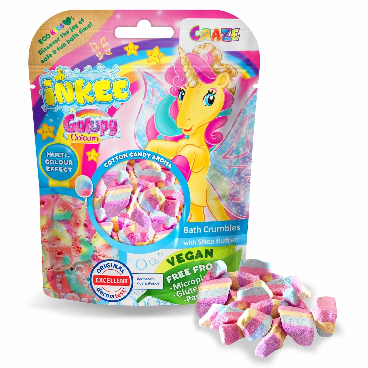 INKEE Posypka do Kąpieli Galupy Unicorn | 100g Soli do Kąpieli dla Dzieci z 4 Warstwami Kolorów – z Aromatem Waty Cukrowej i Masłem Kakaowym