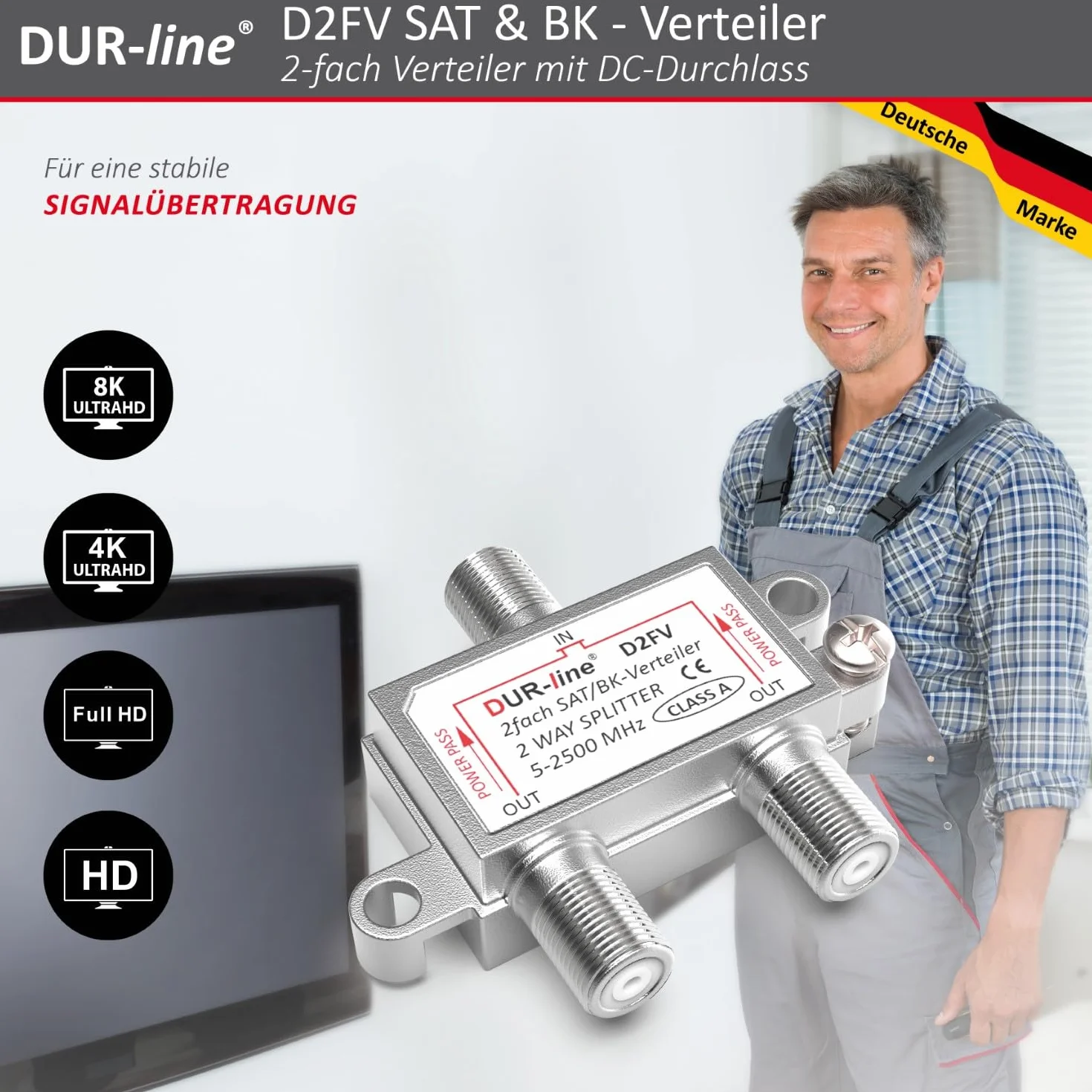 DUR-Line D2FV Rozdzielacz Sat/Bk 2-Drożny Splitter W Pełni Ekranowany Kompatybilny Z Unicable i HD Do Instalacji Satelitarnych Radio Telewizji