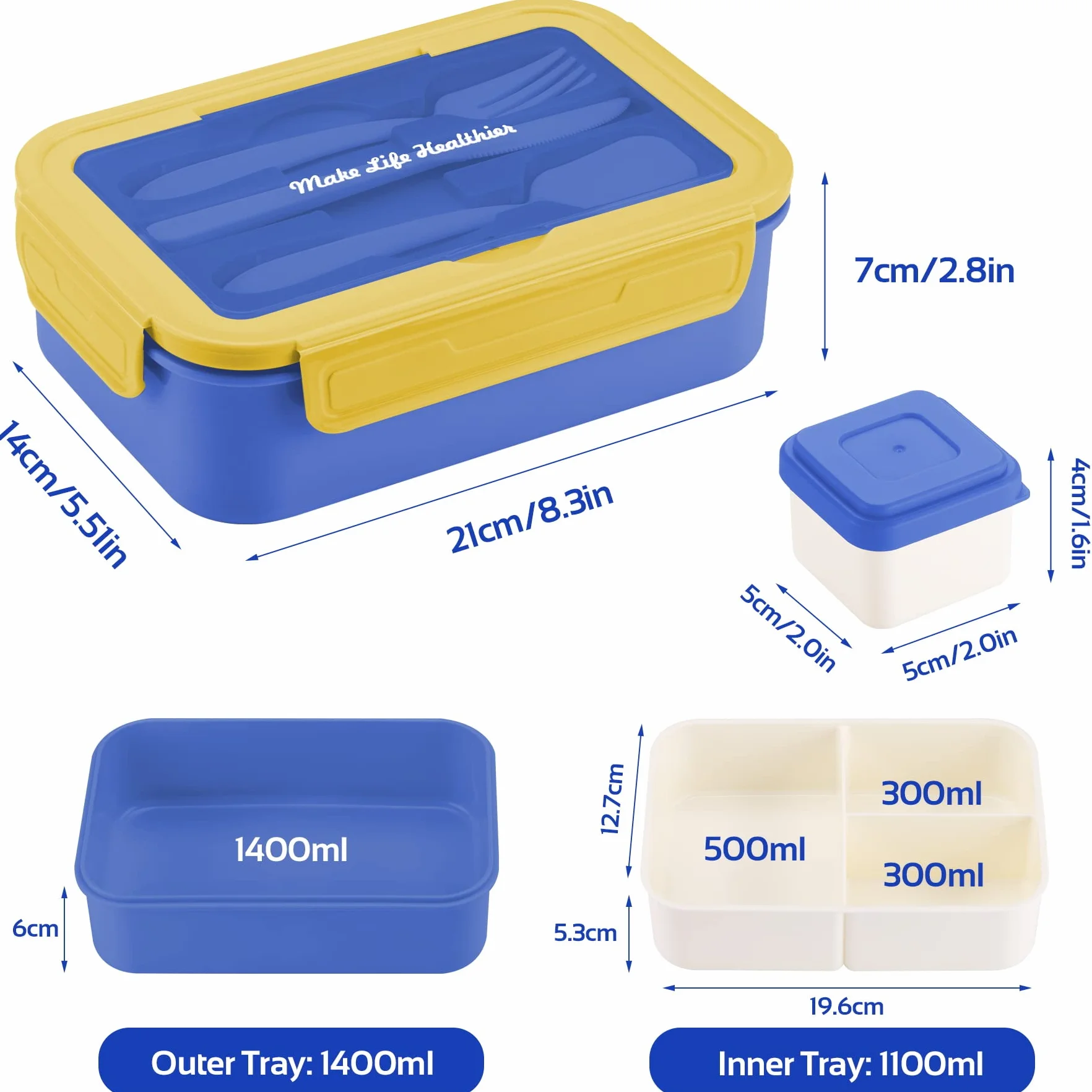 LUZOON Bento Box śniadaniówka 1400 ml 3 przegródki do mikrofalówki i zmywarki